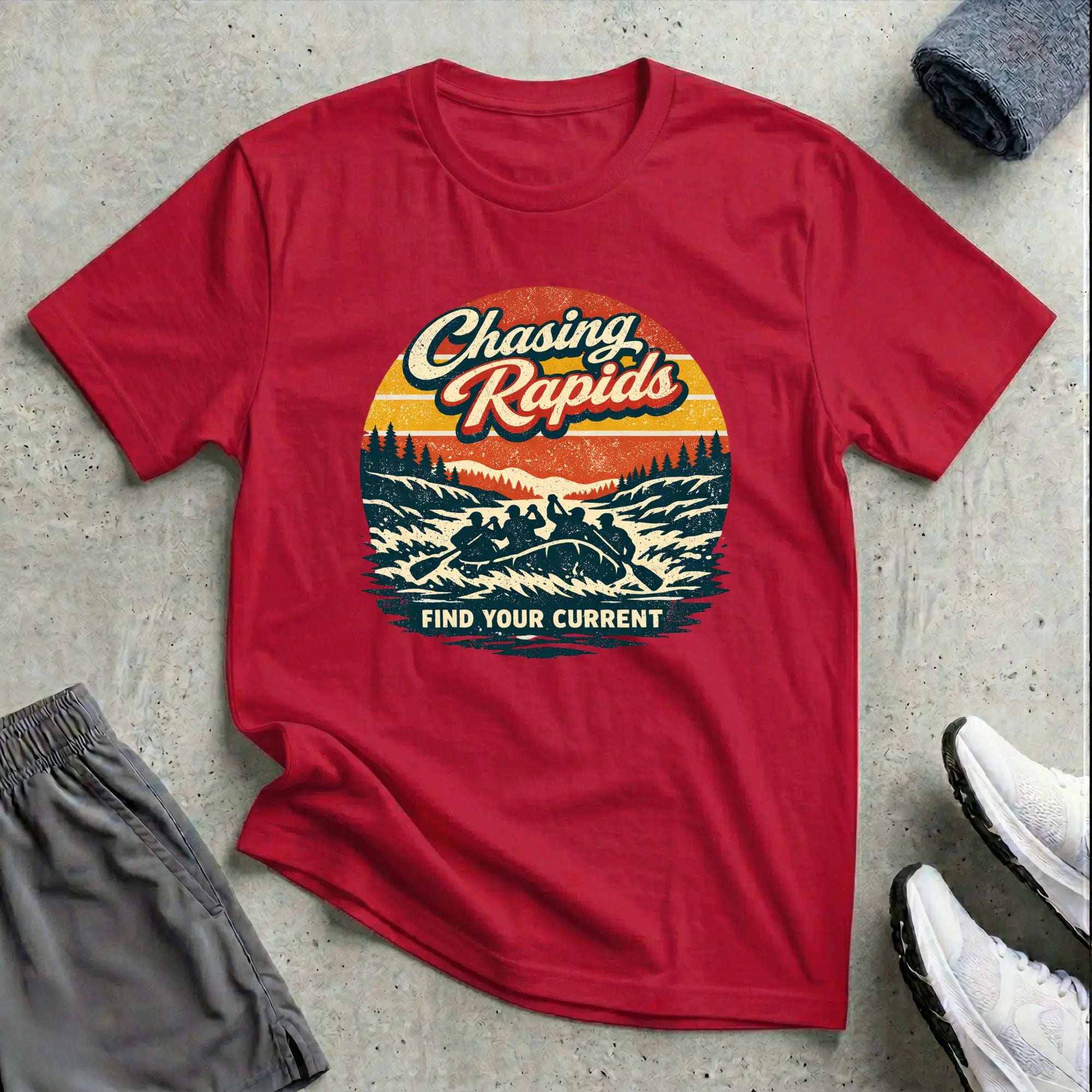 Chasing Rapids - Retro. Rafting T-Shirt Relaxing Printify