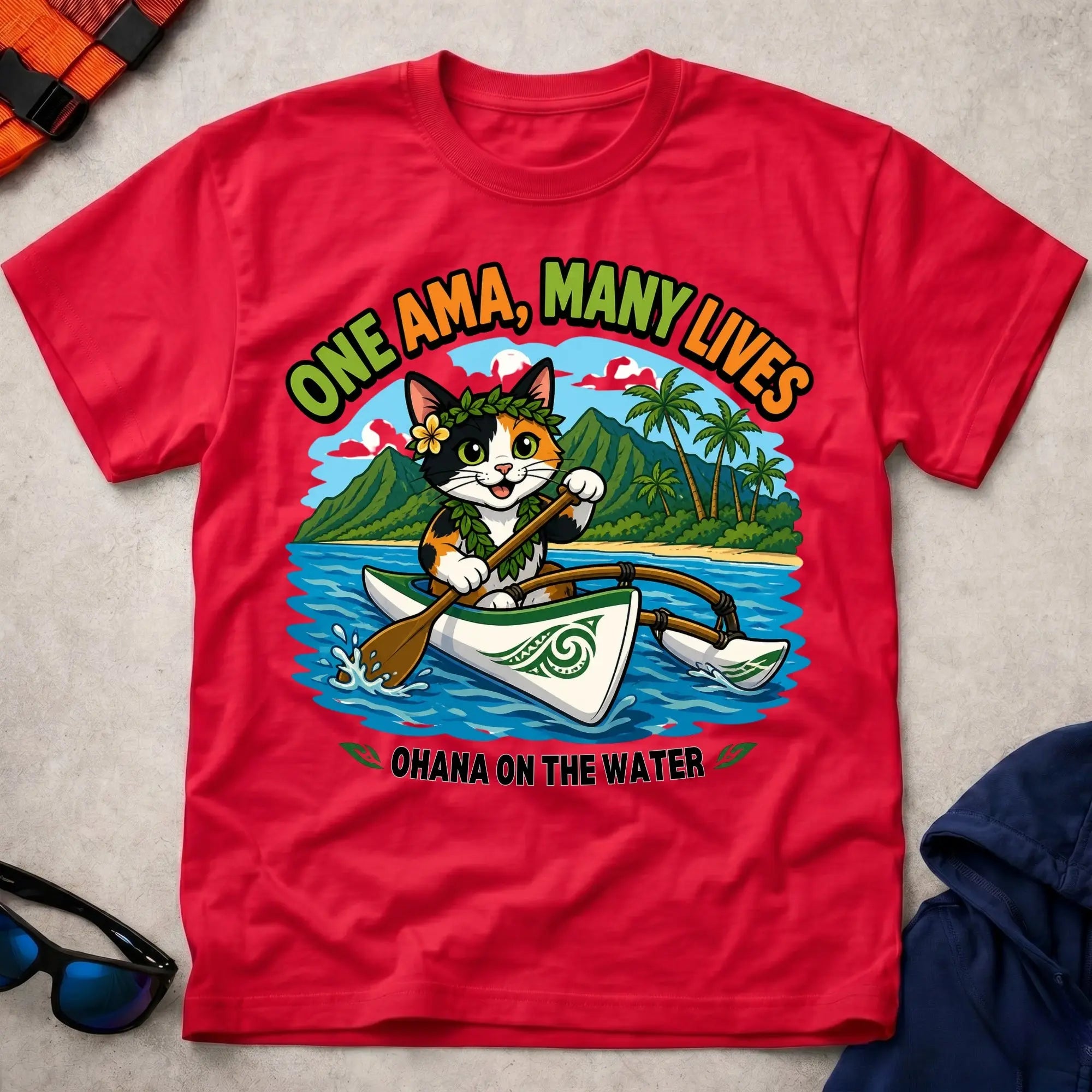 Red One Ama, Many Lives tee — OC1 outrigger paddling gift — Vector Paddle