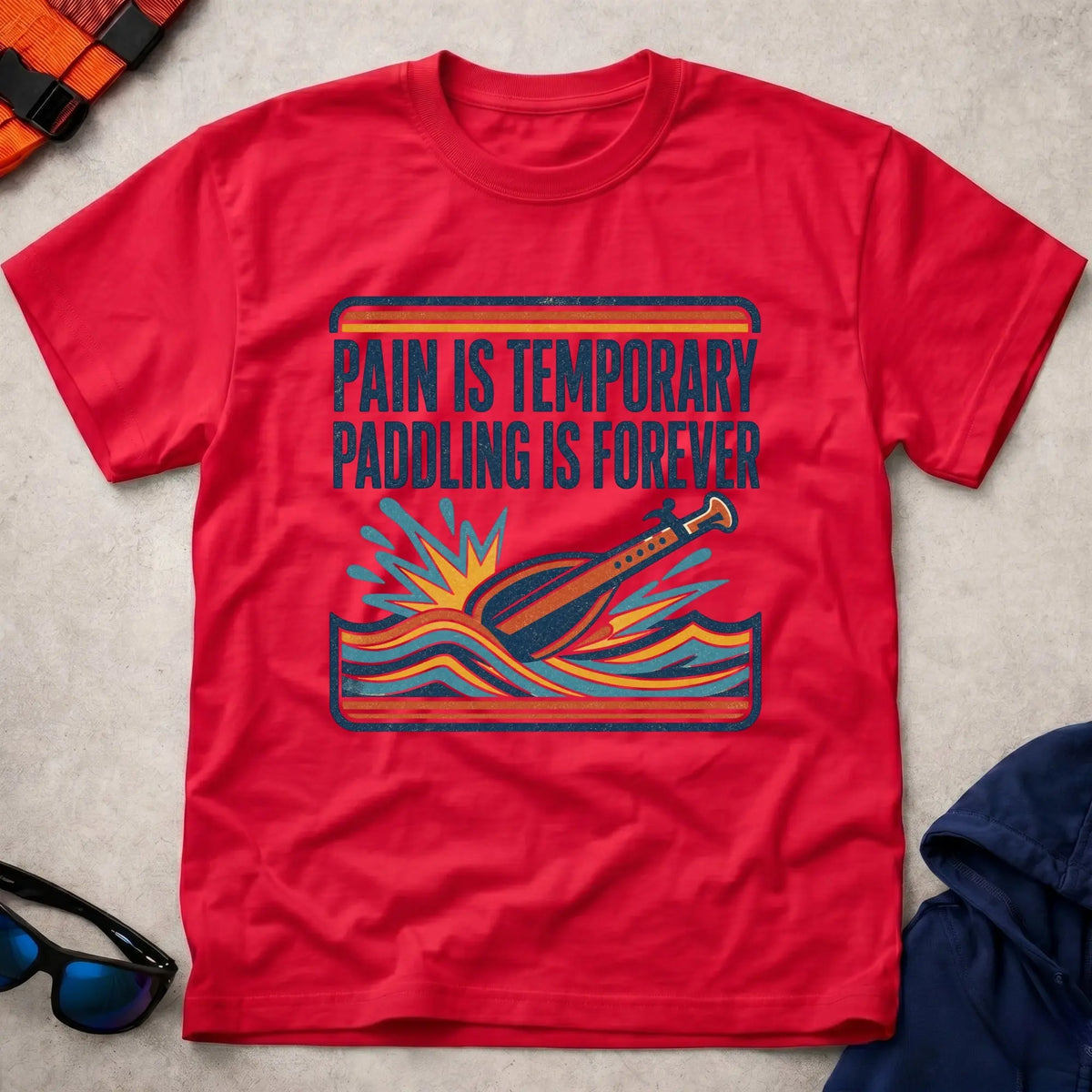 Paddling Is Forever tee in Red — retro 'Pain Is Temporary' paddle and waves design — Vector Paddle