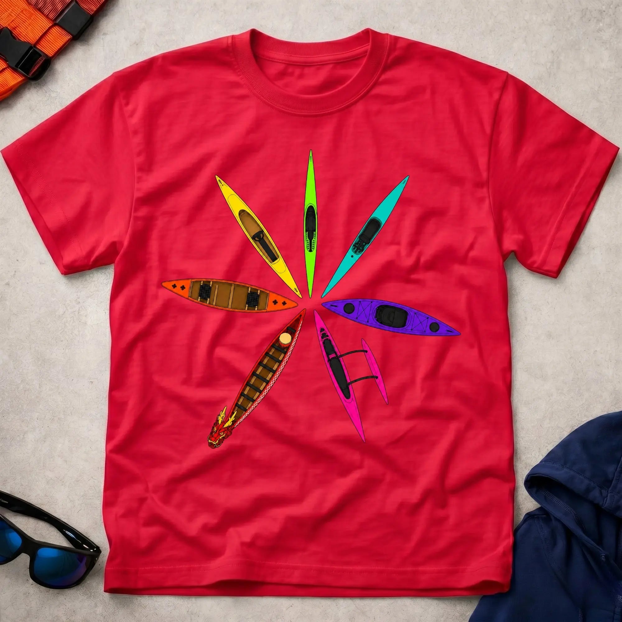 Red Full Bloom paddling tee with bold multicolour graphic — Vector Paddle