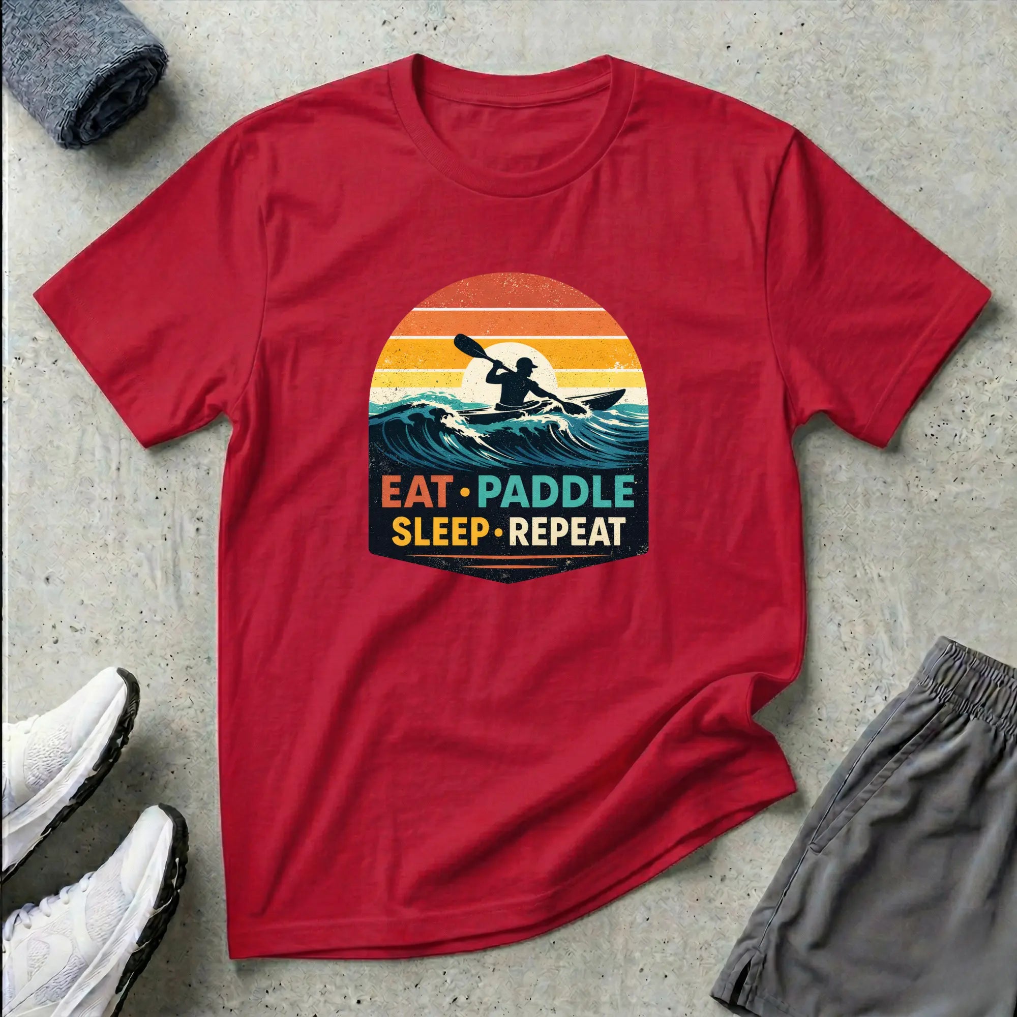 Eat Paddle Sleep Repeat. Ocean Kayak retro colour sunset T-Shirt Printify