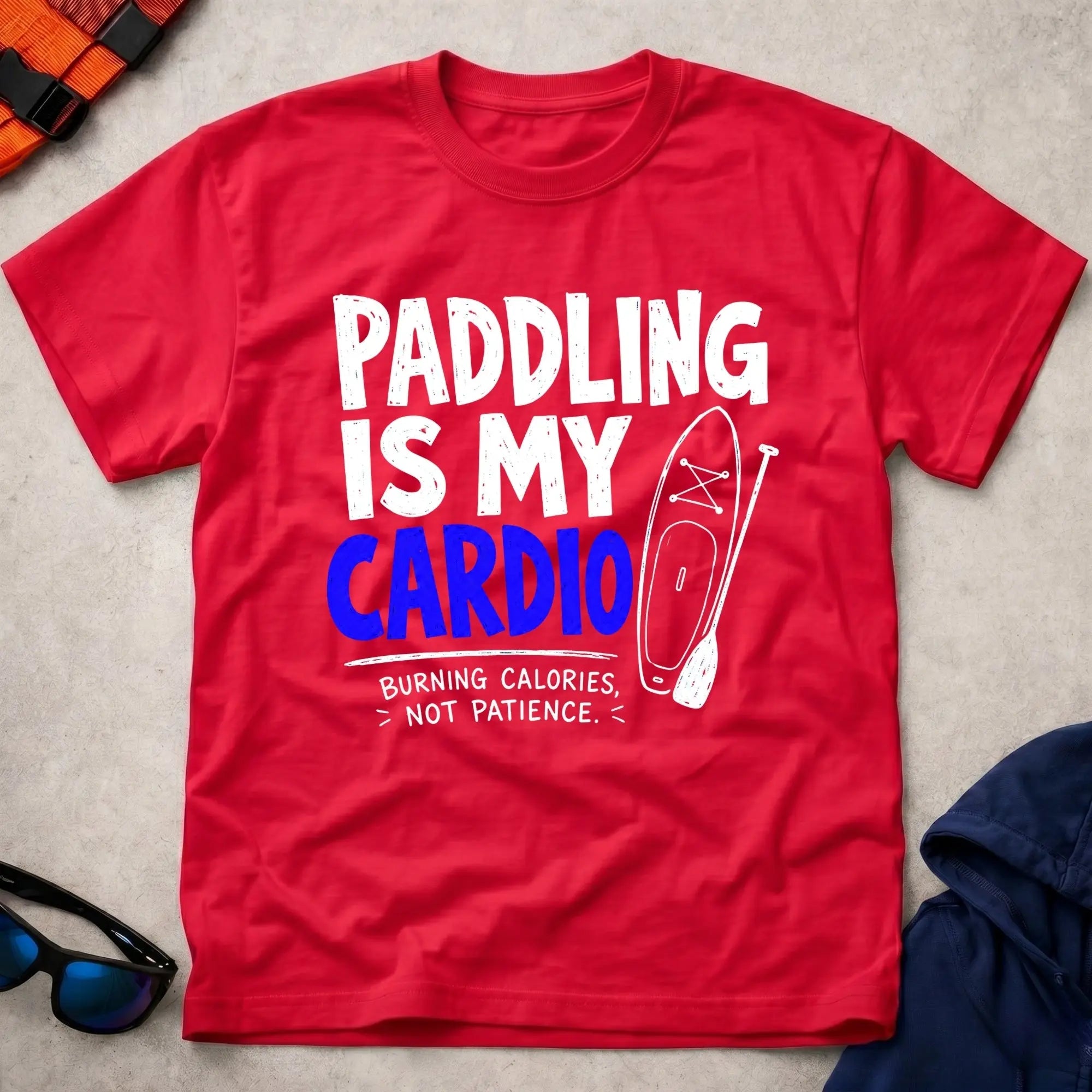 Red Paddling Is My Cardio t-shirt for paddlers who skip the gym, Vector Paddle