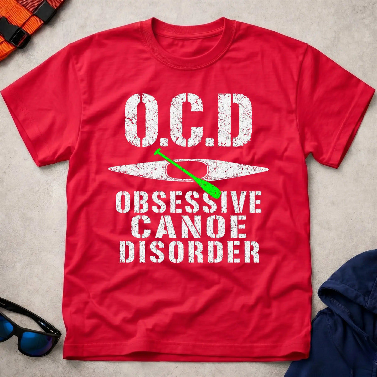 Red Obsessive Canoe Disorder tee — funny canoe-obsessed paddling gift — Vector Paddle