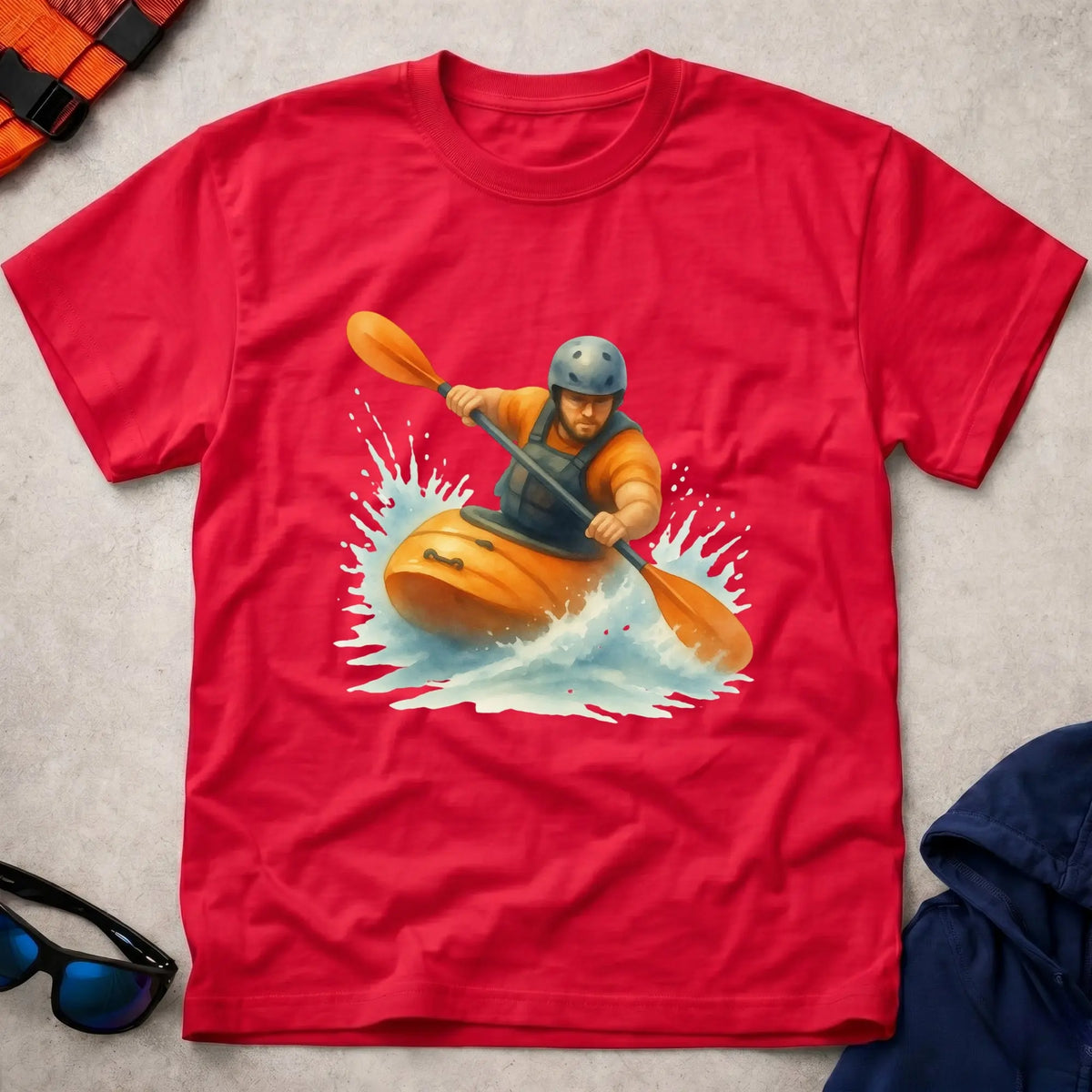 Read The River tee in Red — watercolour whitewater kayaker in rapids — Vector Paddle