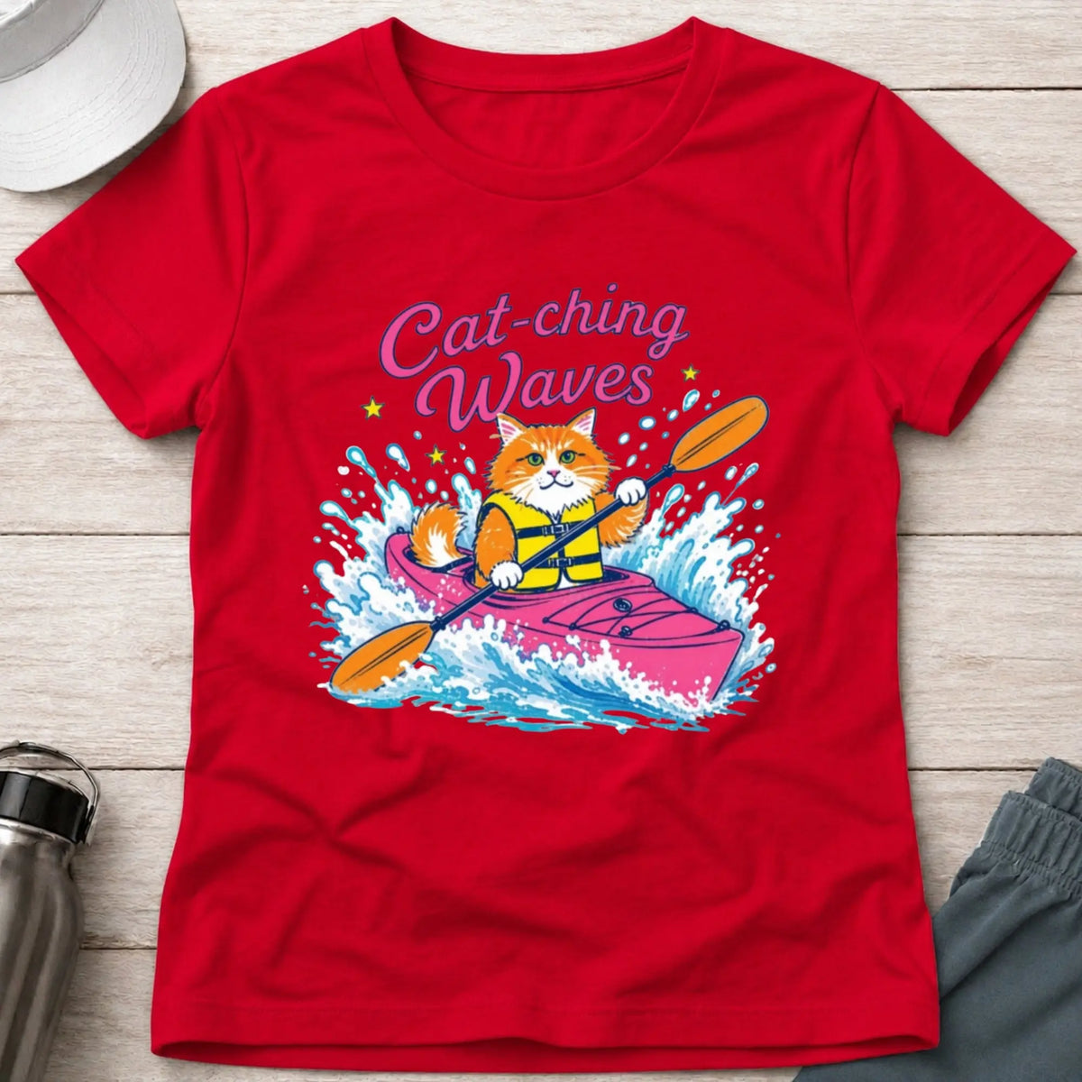 Red Cat-ching Waves cat fitted paddling tee — Vector Paddle