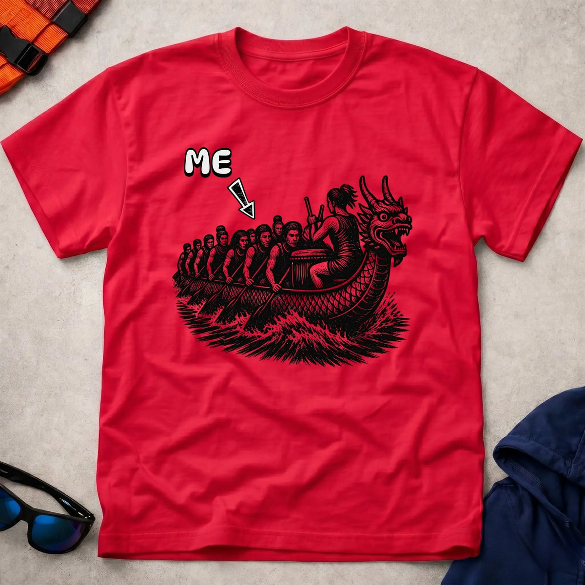 That's Me Engine Room tee in Red — woodcut dragon boat with 'ME' arrow on a mid-boat paddler — Vector Paddle
