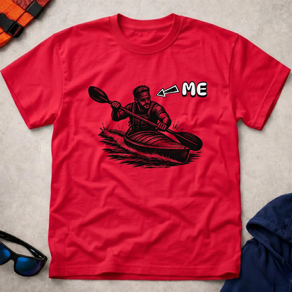 That's Me K1 tee in Red — woodcut kayaker in headband and shades with 'ME' arrow — Vector Paddle
