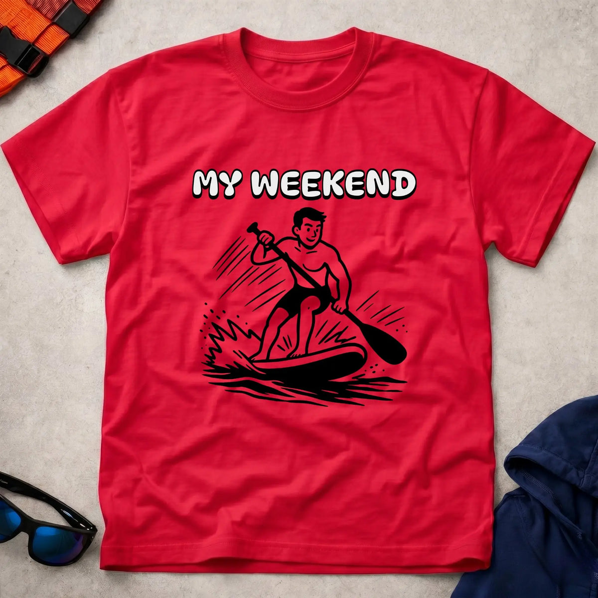 My Weekend SUP tee in Red — cartoon stand-up paddleboarder with 'My Weekend' lettering — Vector Paddle