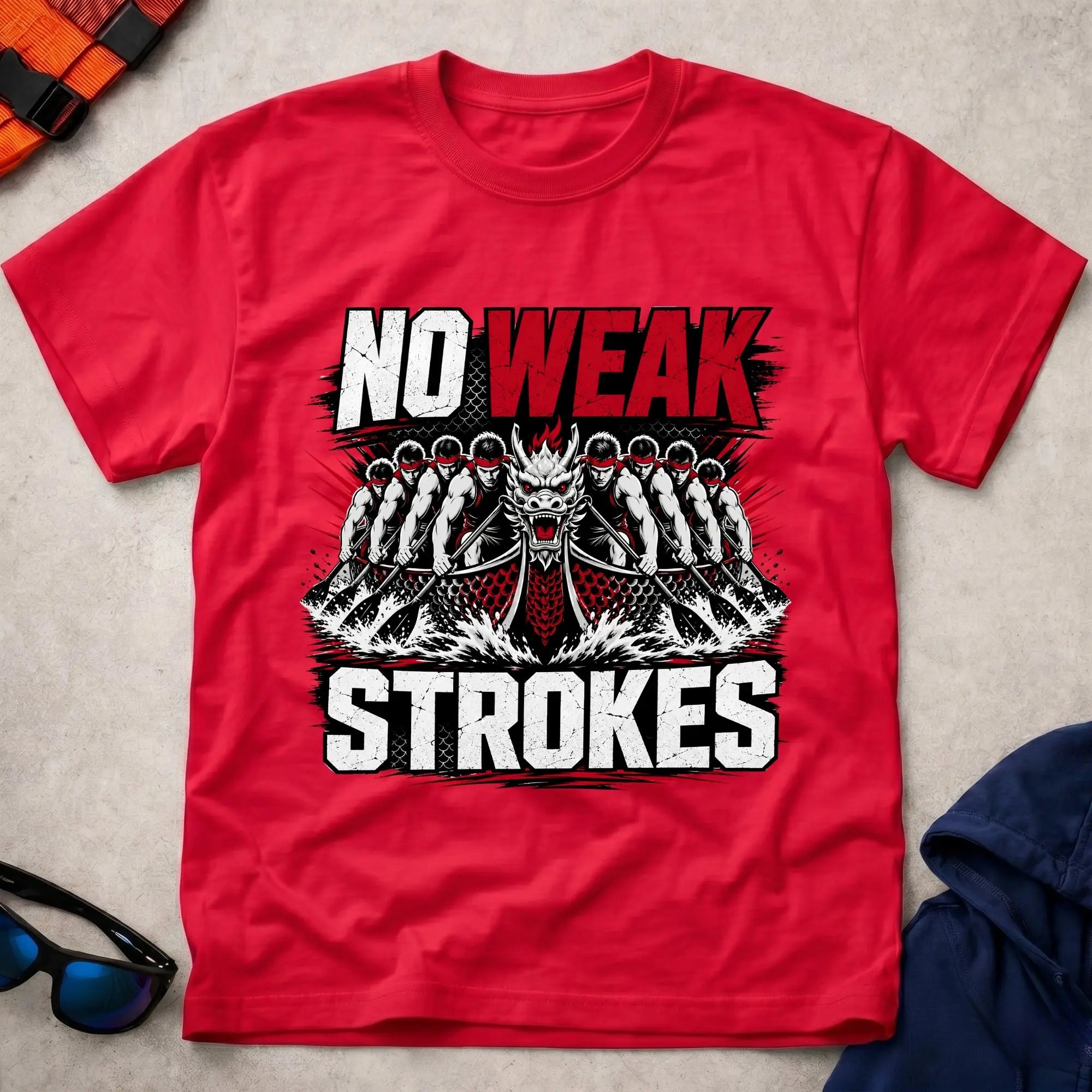 Red No Weak Strokes dragon boat racing tee — full-send crew gift — Vector Paddle