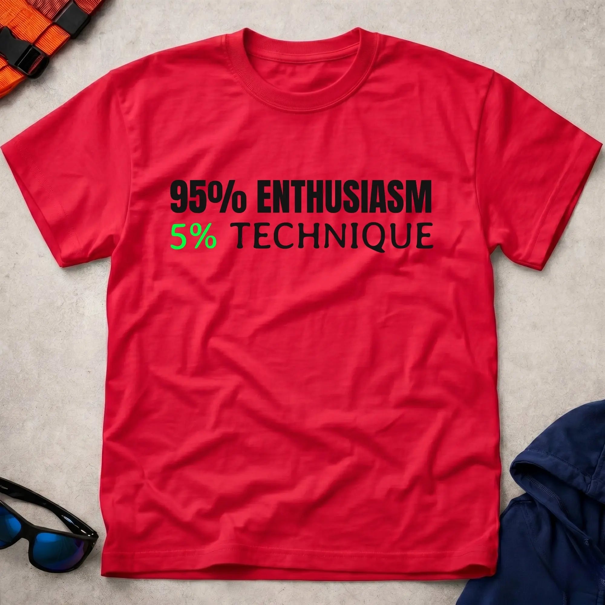 Red 95% Enthusiasm tee — funny paddling gift for kayakers and canoeists — Vector Paddle
