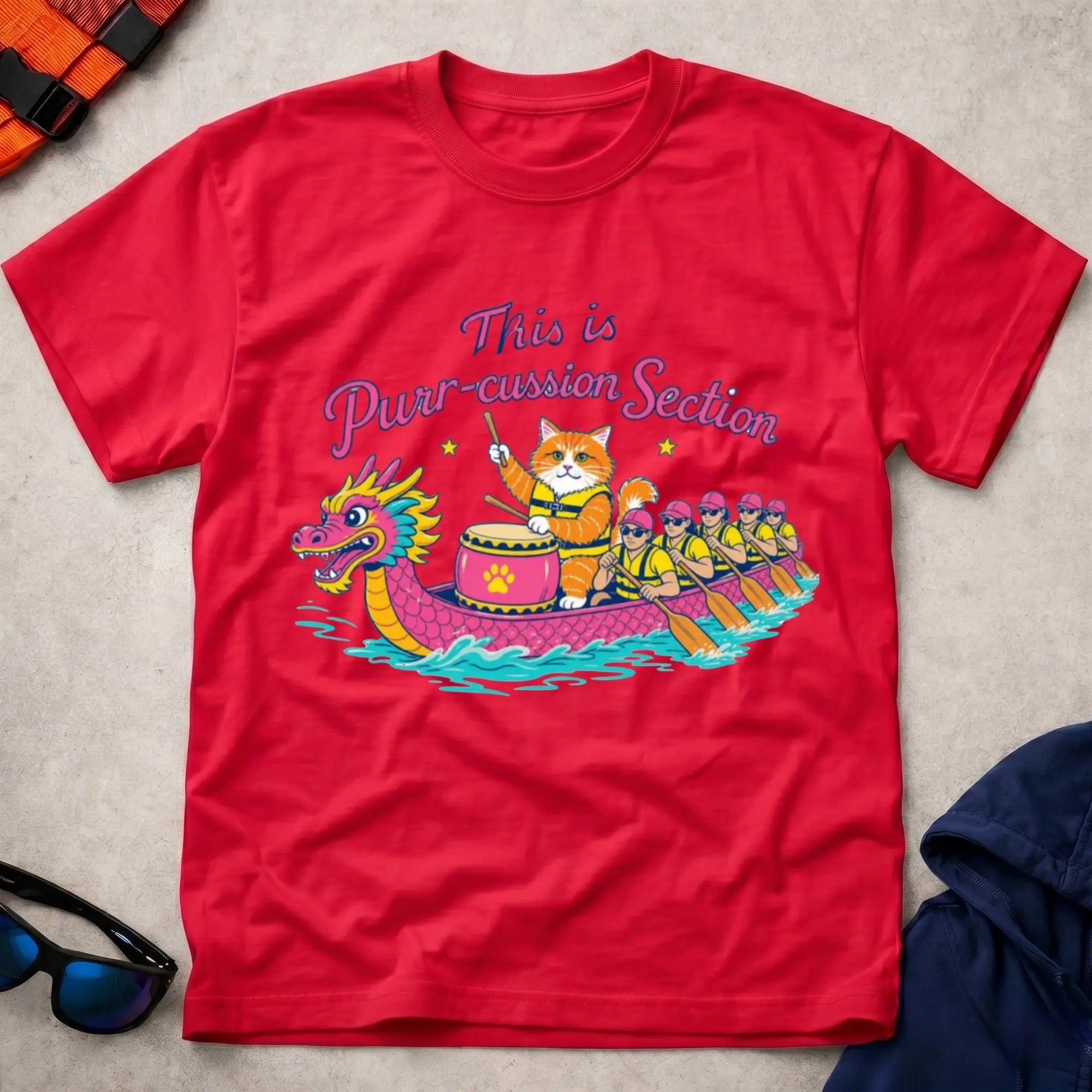 Red Purr-cussion Section dragon boat drummer cat tee — Vector Paddle