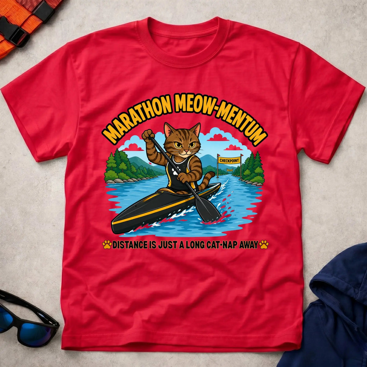 Red Marathon Meow-mentum tee — marathon paddling cat-lover gift — Vector Paddle