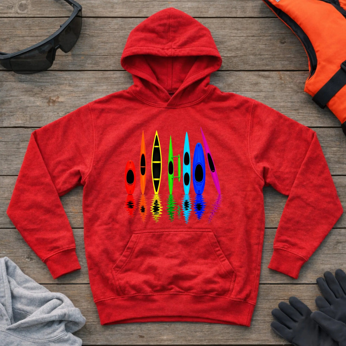 All The Boats hoodie in Red — kayak, canoe, outrigger and surfski fleet design — Vector Paddle