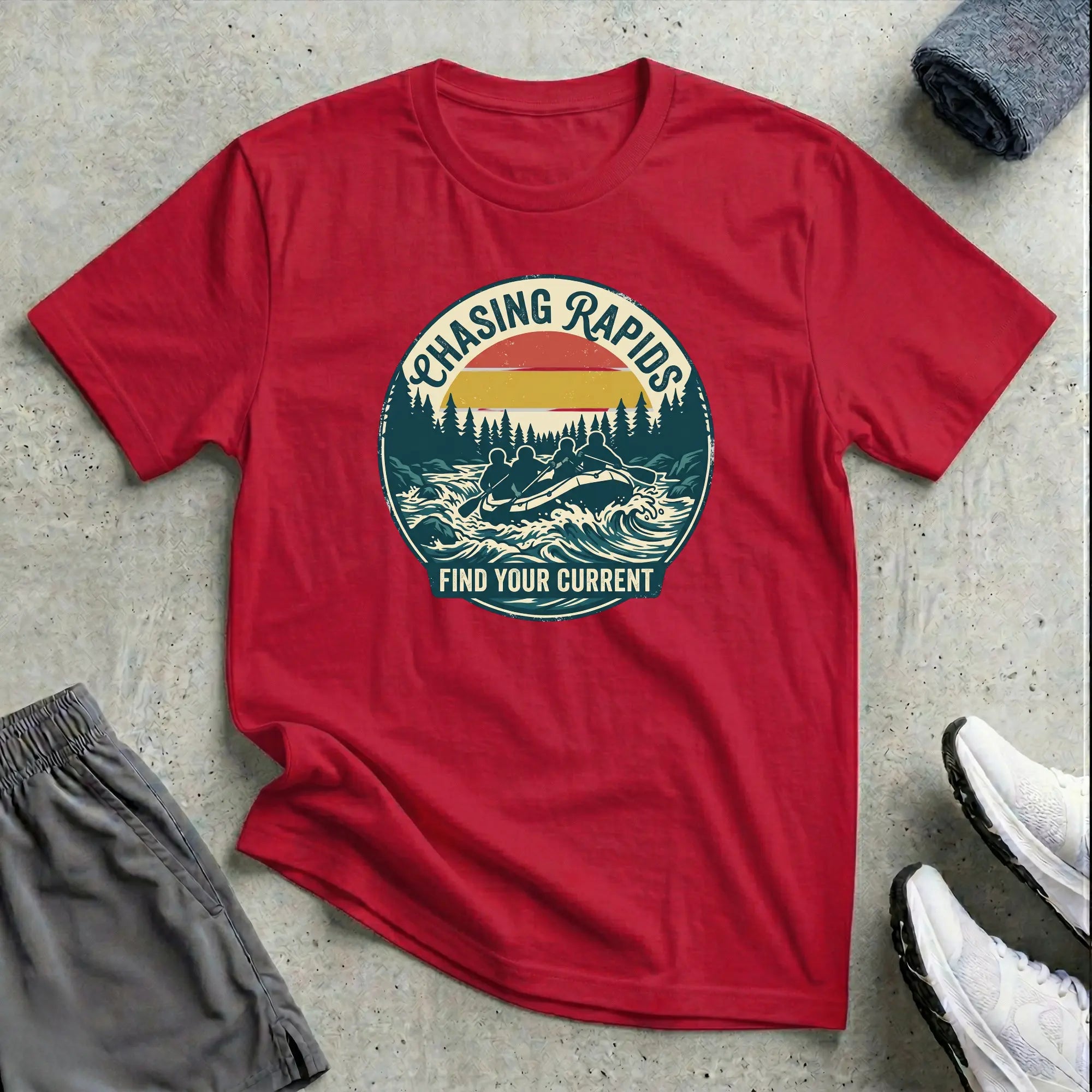 Chasing Rapids - Find Your Current. Rafting T-Shirt - RELAXED Printify