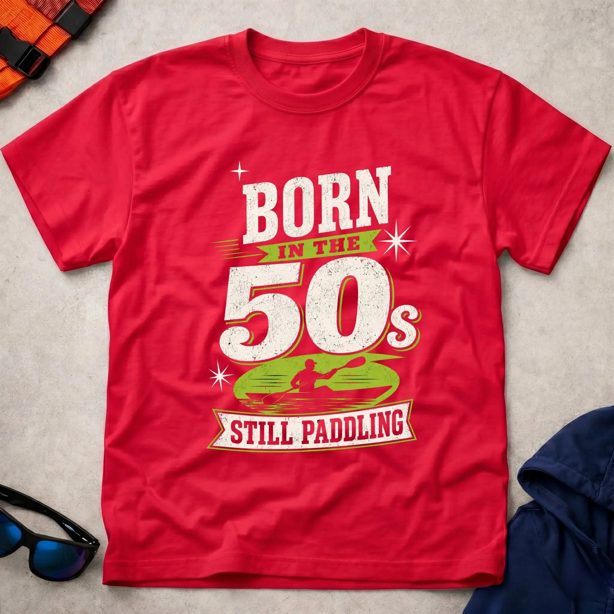 Born In The 50s – Still Paddling kayaker typography tee in Red | Vector Paddle