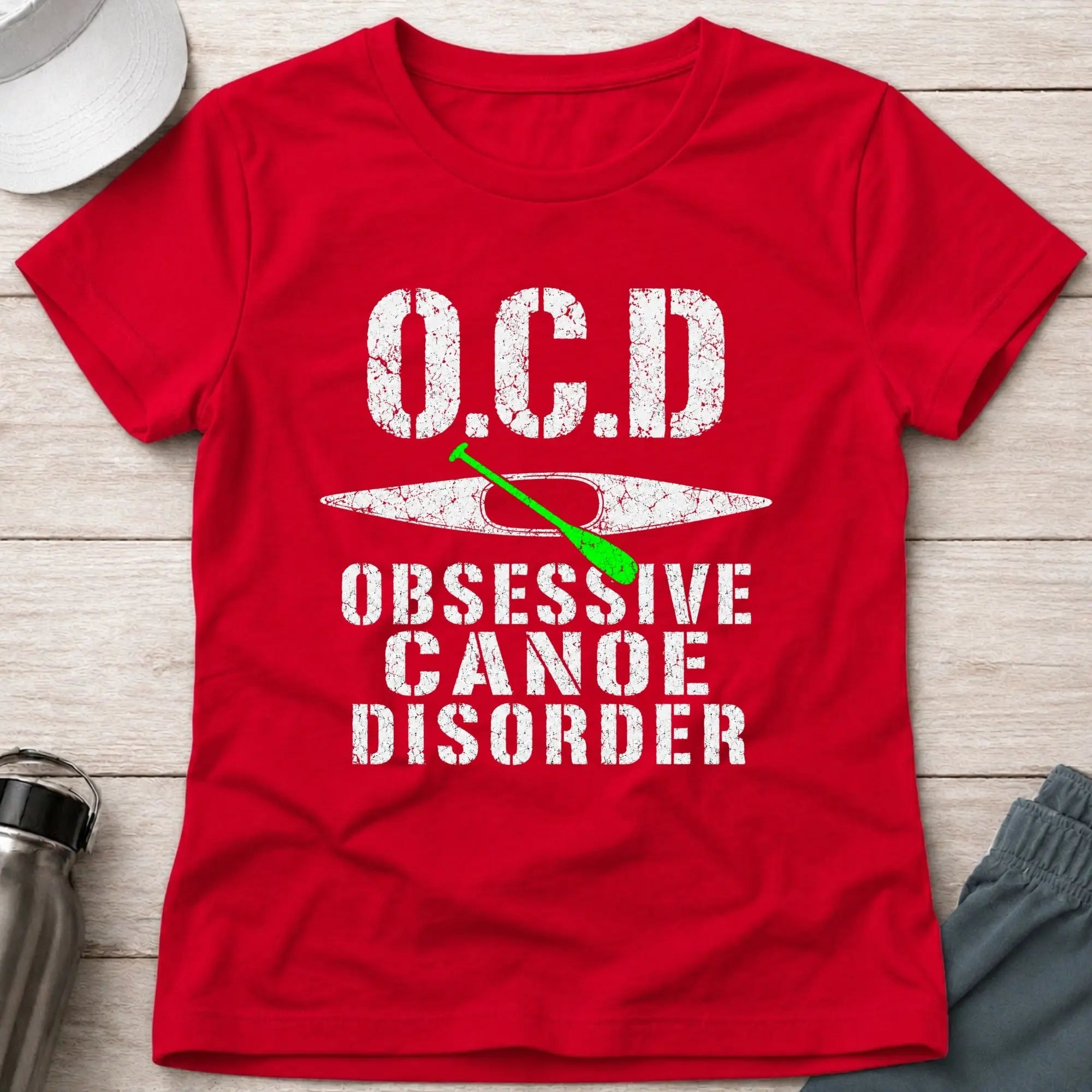 Red Obsessive Canoe Disorder fitted tee — funny canoe-obsessed gift for women — Vector Paddle