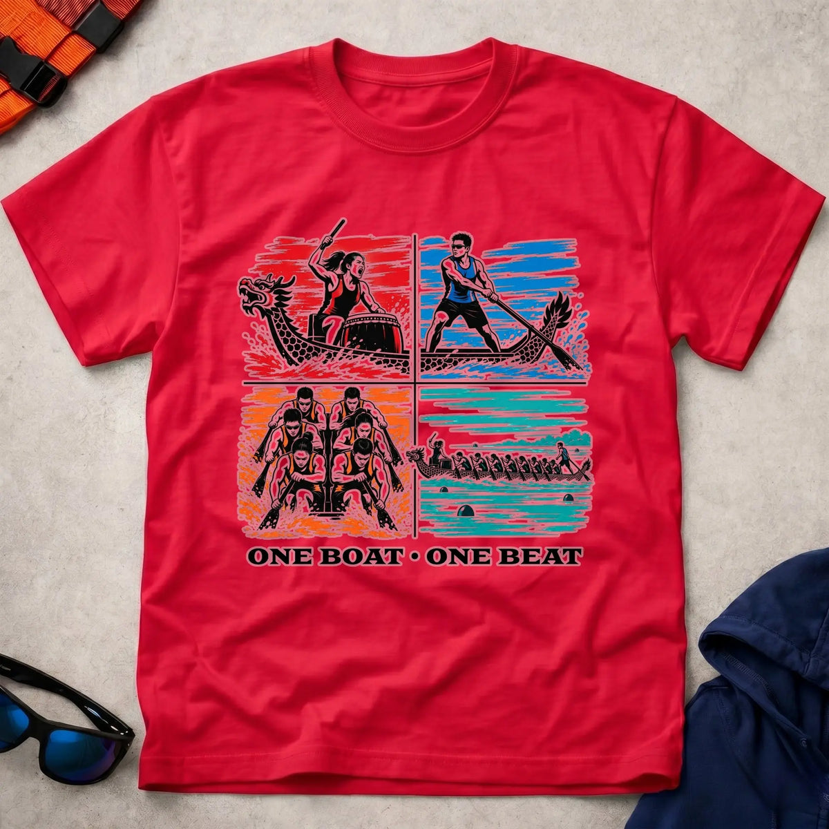 One Boat, One Beat tee in Red — four-panel dragon boat design with drummer, steerer, engine room and full crew — Vector Paddle