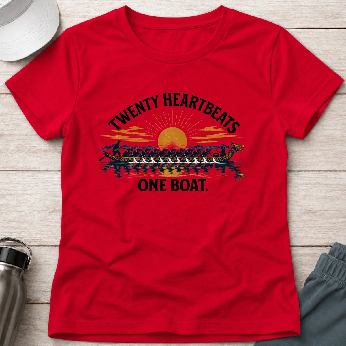 Twenty Heartbeats One Boat fitted tee in Red — sunset dragon boat crew graphic — Vector Paddle