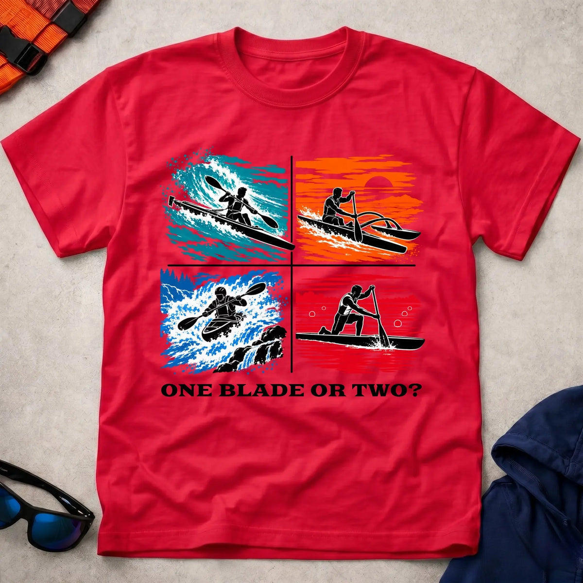 One Blade Or Two tee in Red — four-panel design with surfski, OC1 outrigger, whitewater kayak and C1 canoe — Vector Paddle