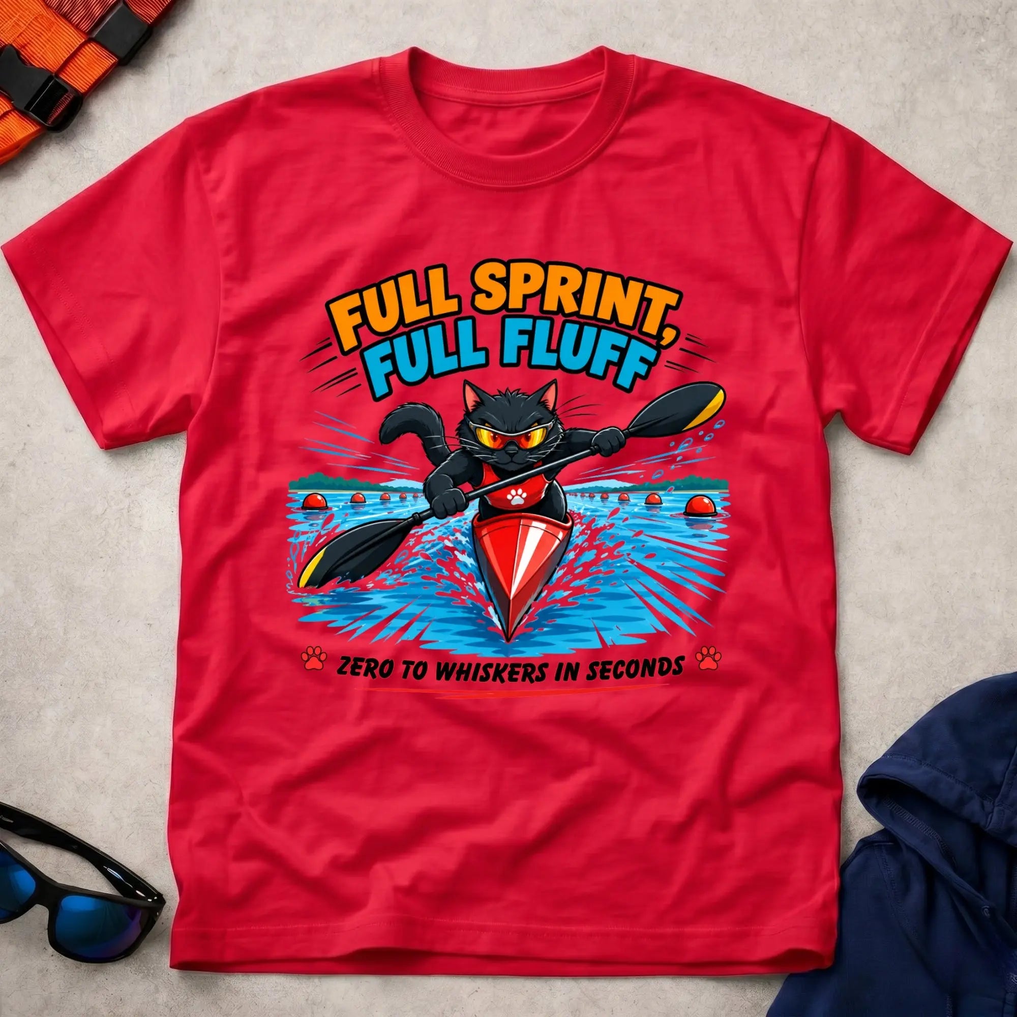 Red Full Sprint, Full Fluff tee — cat-lover paddling gift — Vector Paddle