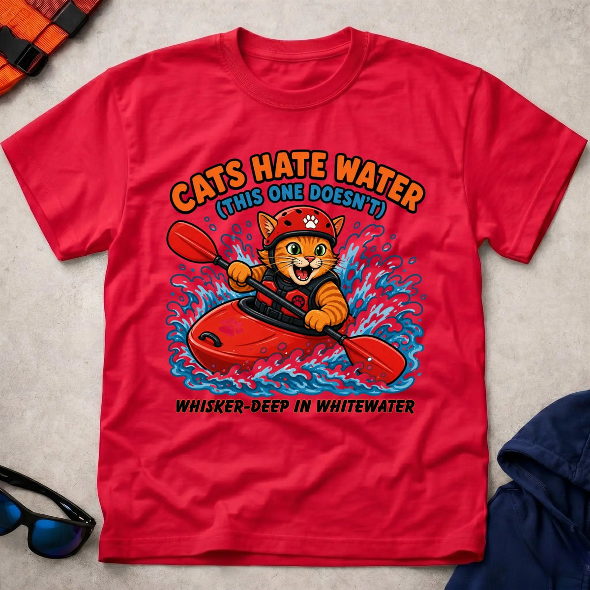 Red Cats Hate Water tee — funny cat-lover paddling gift — Vector Paddle
