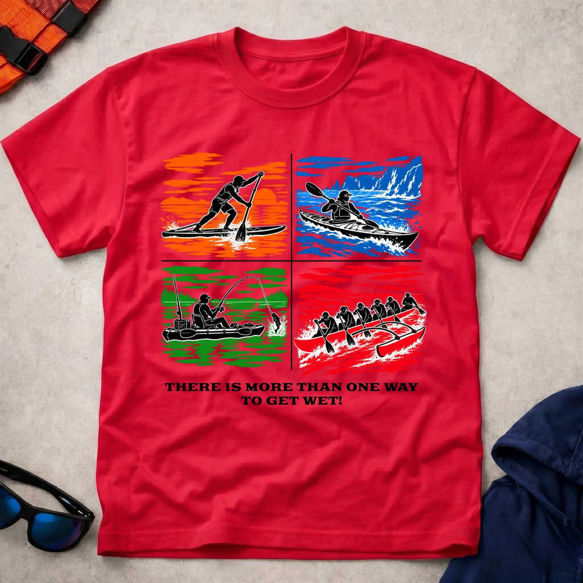 More Than One Way tee in Red — four-panel design with SUP, sea kayak, kayak fishing and OC6 outrigger — Vector Paddle