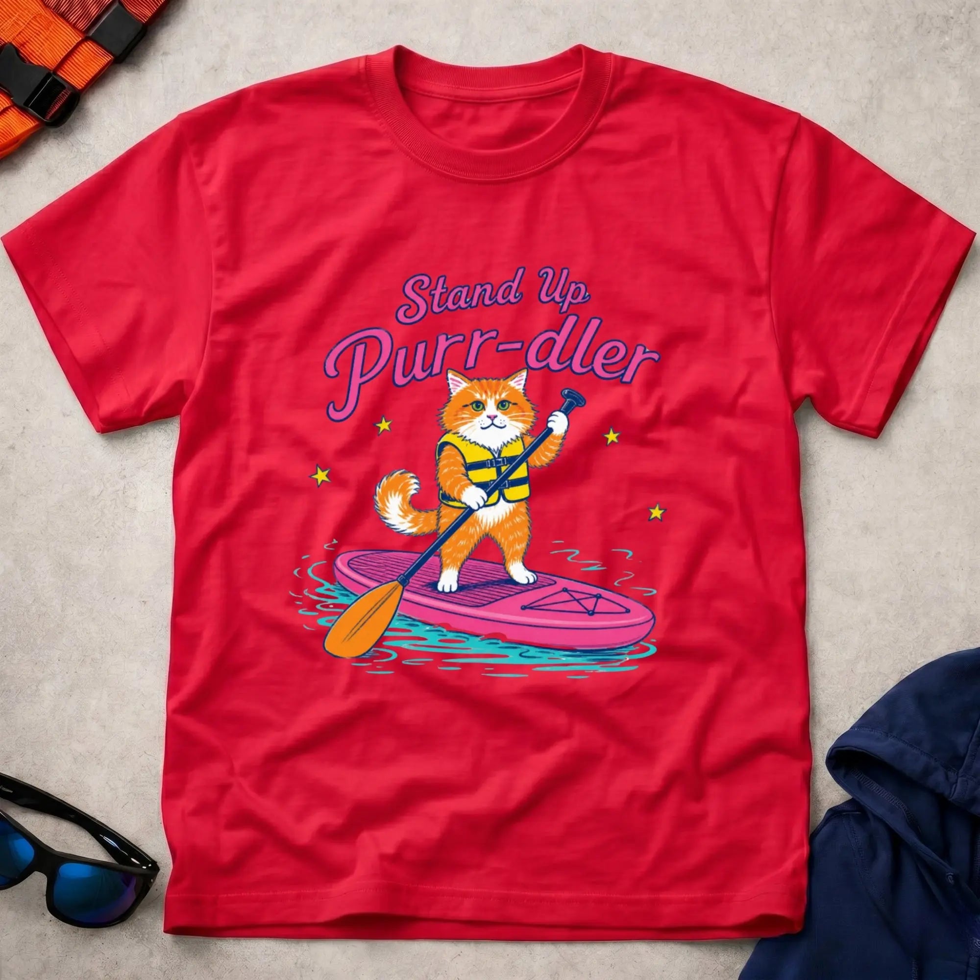 Red Stand Up Purr-dler cat SUP paddling tee — Vector Paddle