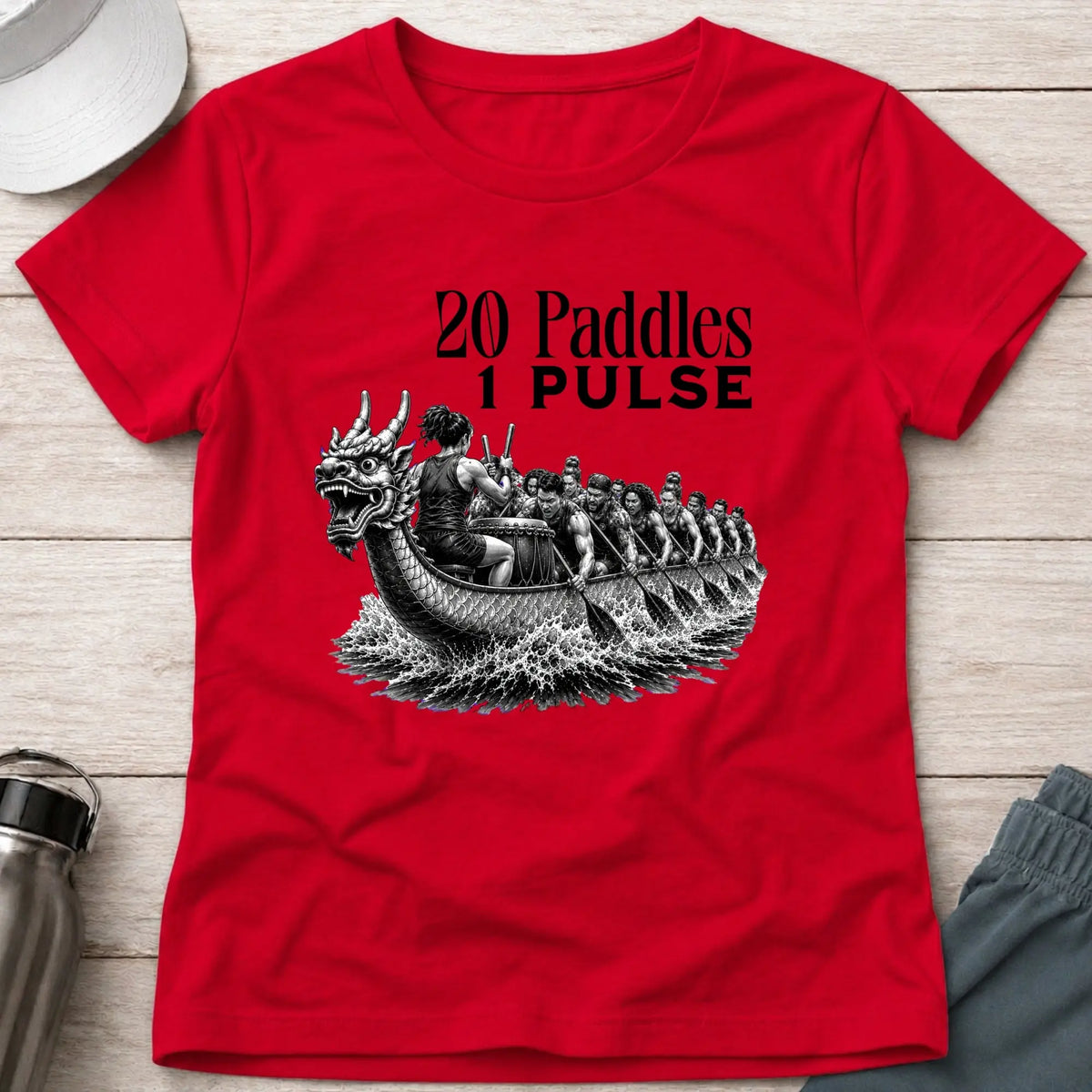 20 Paddles 1 Pulse fitted tee in Red — dragon boat crew in full stroke — Vector Paddle