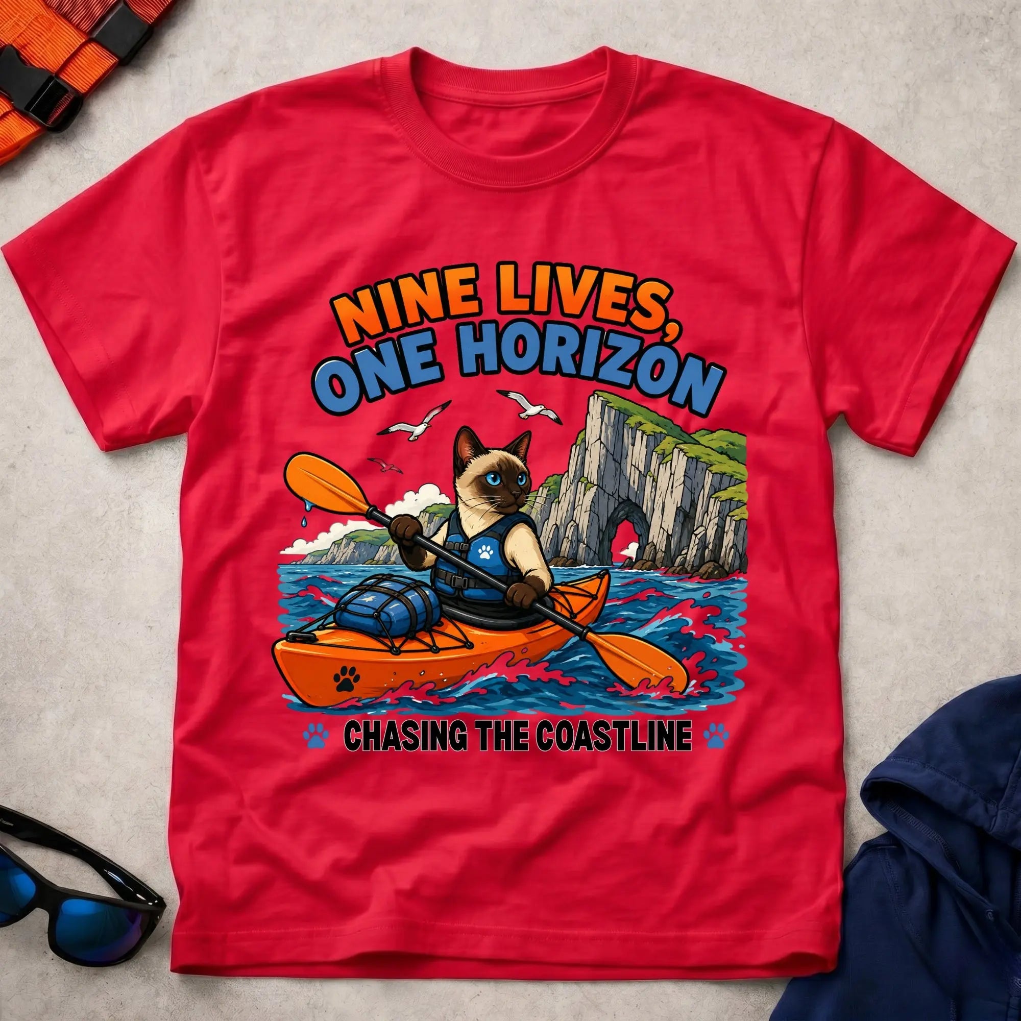 Red Nine Lives, One Horizon tee — long-distance paddling gift — Vector Paddle