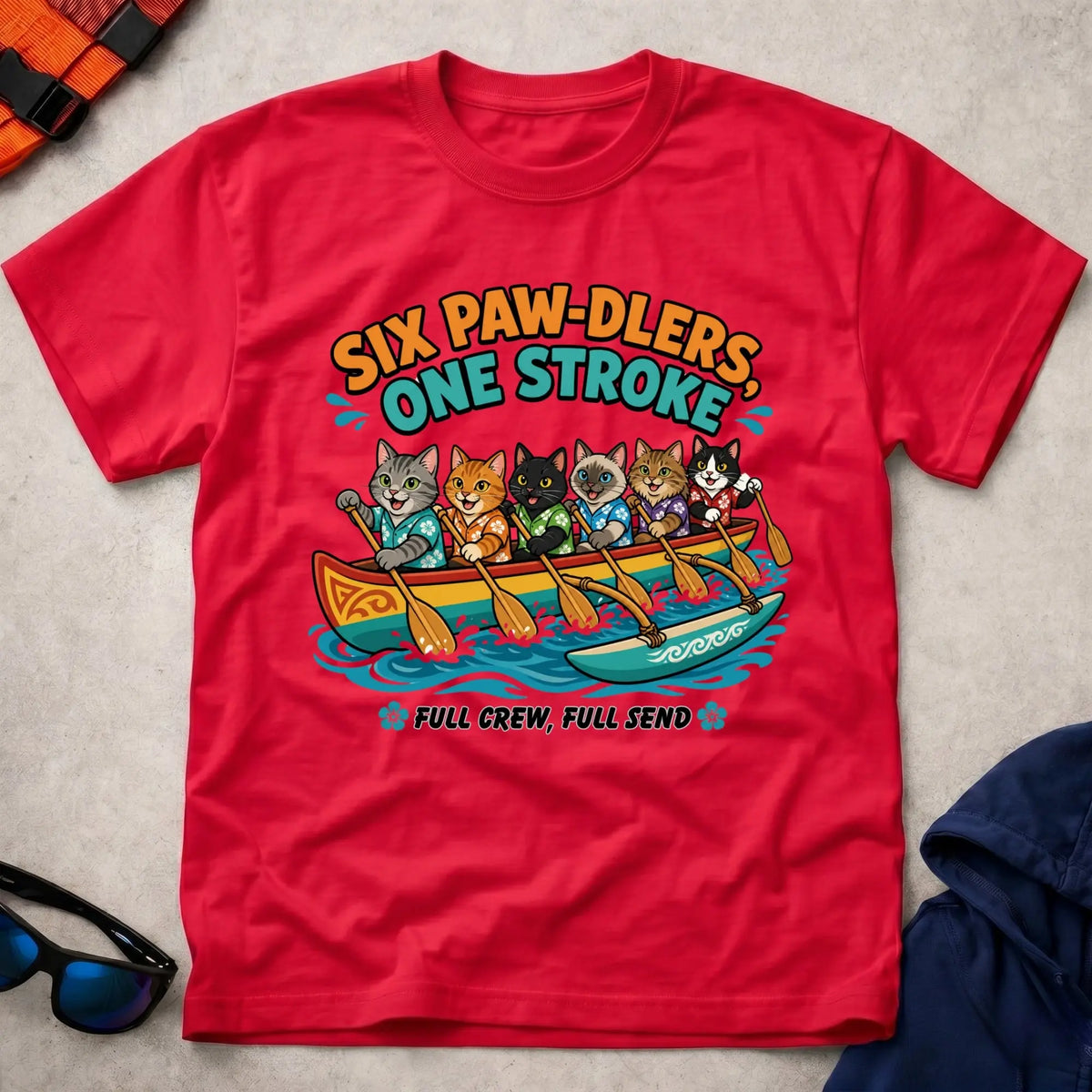 Red Six Paw-dlers, One Stroke tee — OC6 outrigger crew gift — Vector Paddle