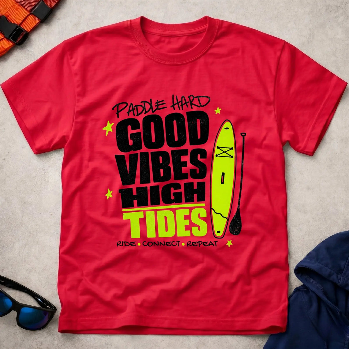 Red Good Vibes High Tides paddling t-shirt for laid-back water days, Vector Paddle