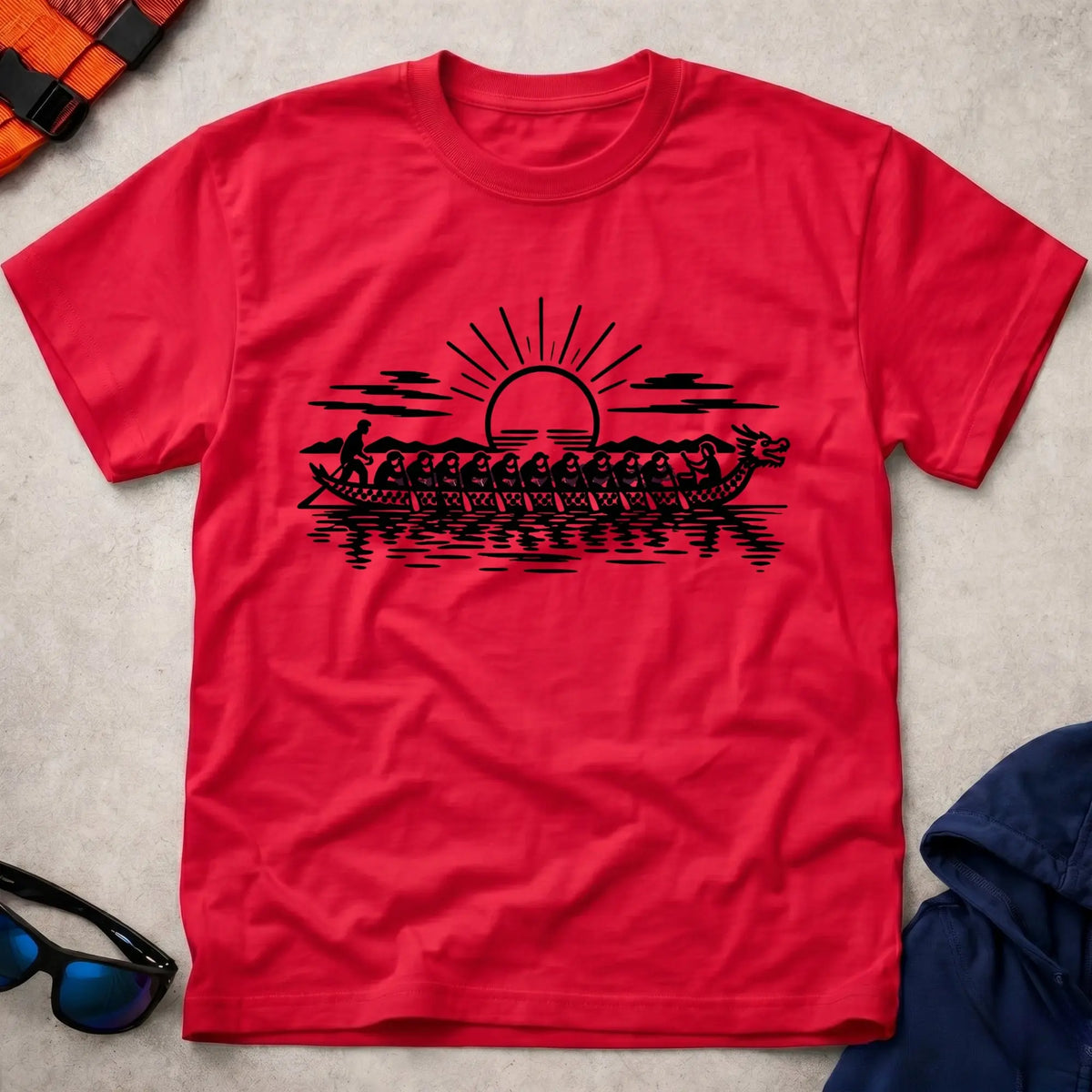 Dawn Crew tee in Red — dragon boat crew paddling at sunrise — Vector Paddle