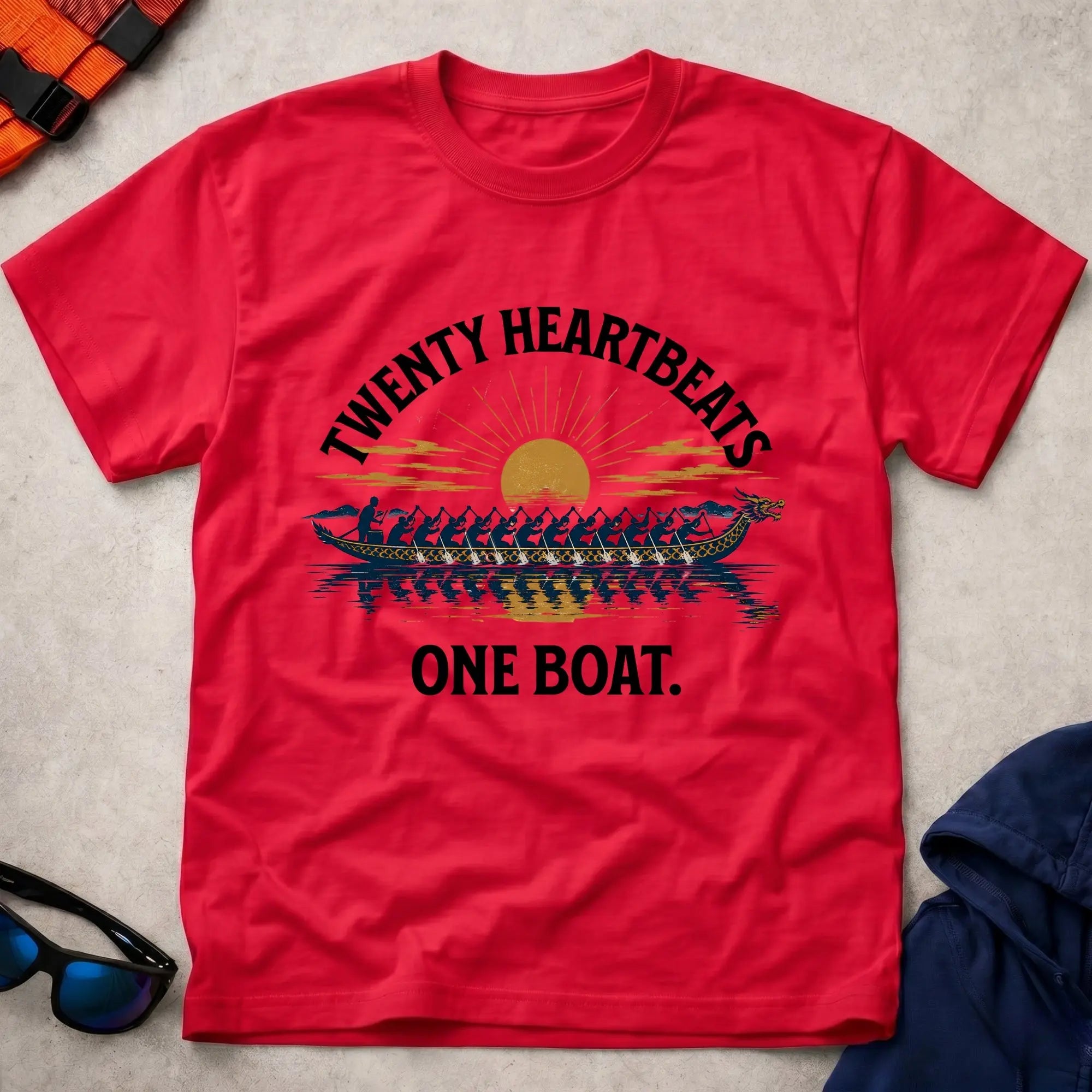 Red Twenty Heartbeats One Boat dragon boat tee — full-crew unity gift — Vector Paddle