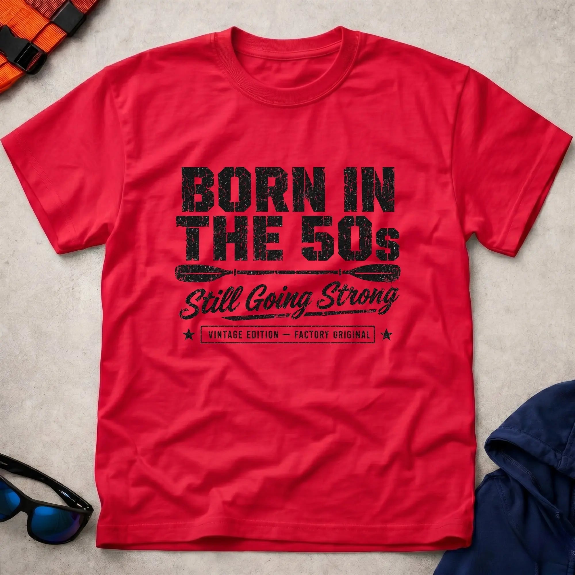 Born In The 50s – Still Going Strong retro paddling tee in Red | Vector Paddle
