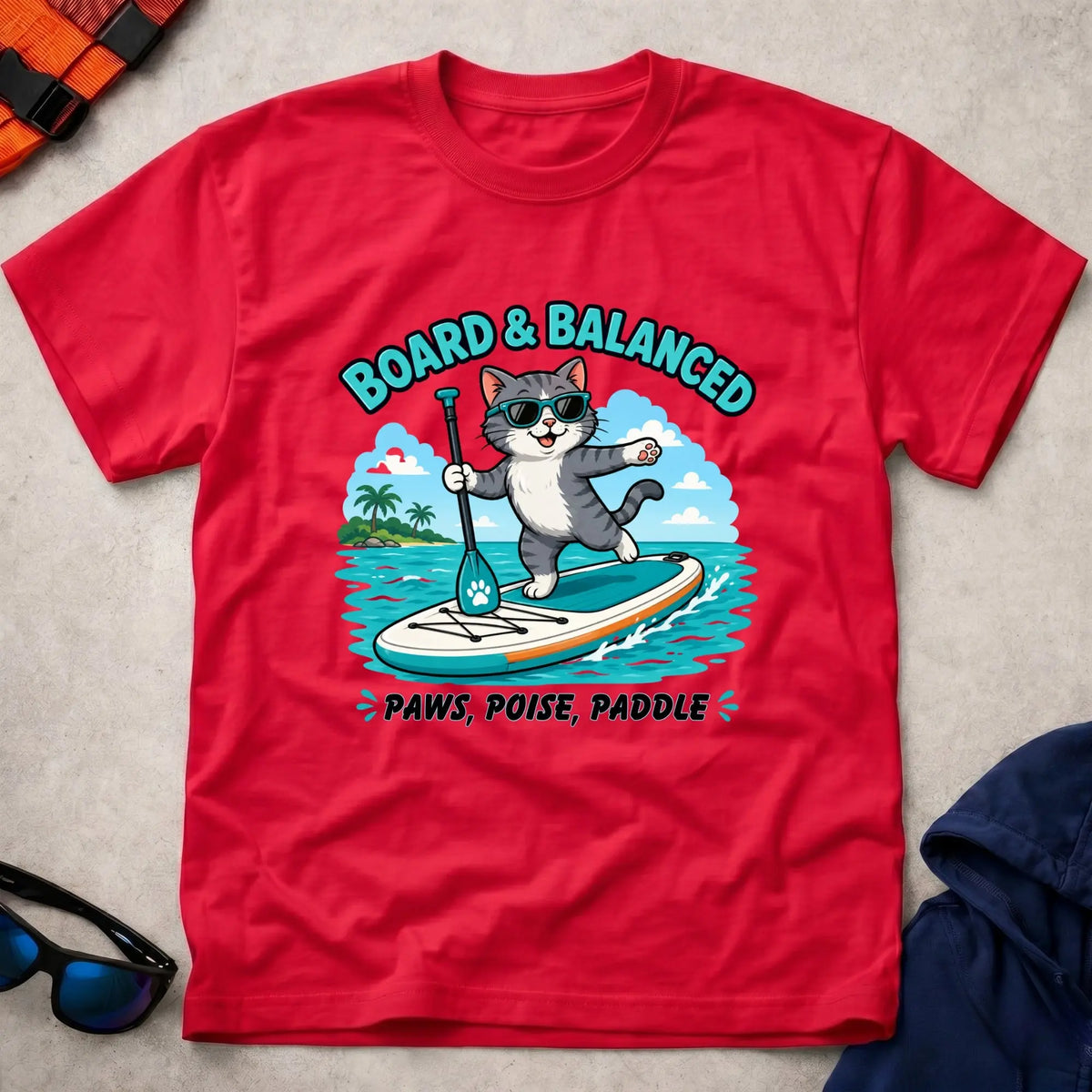Red Bored & Balanced tee — SUP cat-lover gift — Vector Paddle