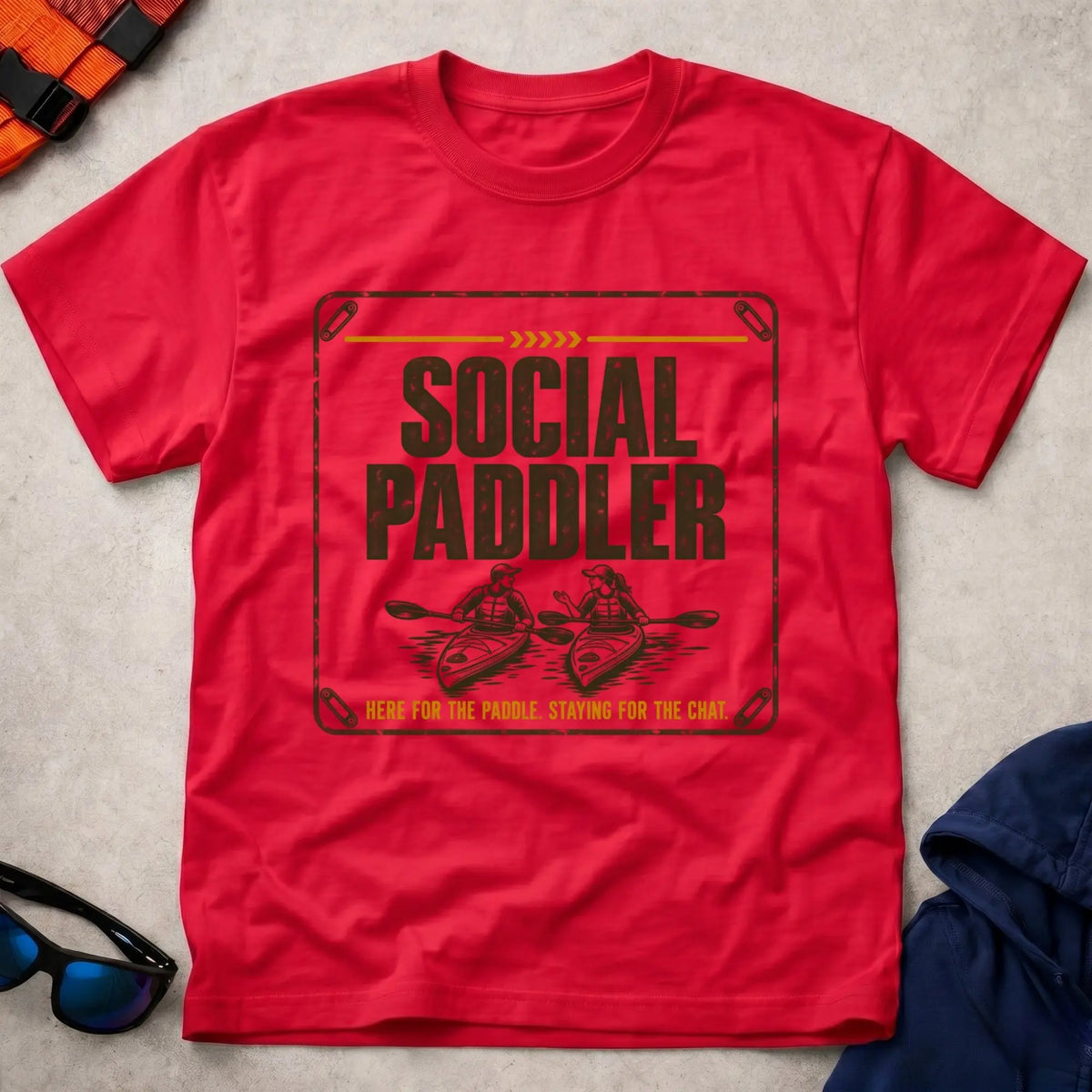 Social Paddler tee in Red — two kayakers chatting on the water — Vector Paddle