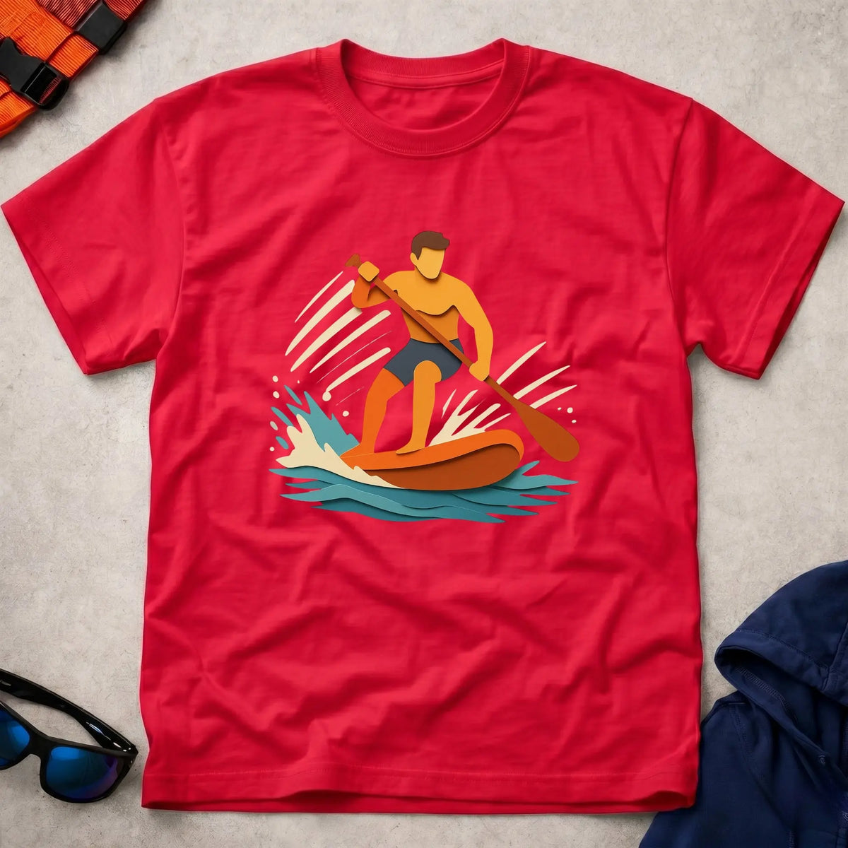 Cut Through tee in Red — paper-cut stand-up paddleboarder in orange and teal — Vector Paddle