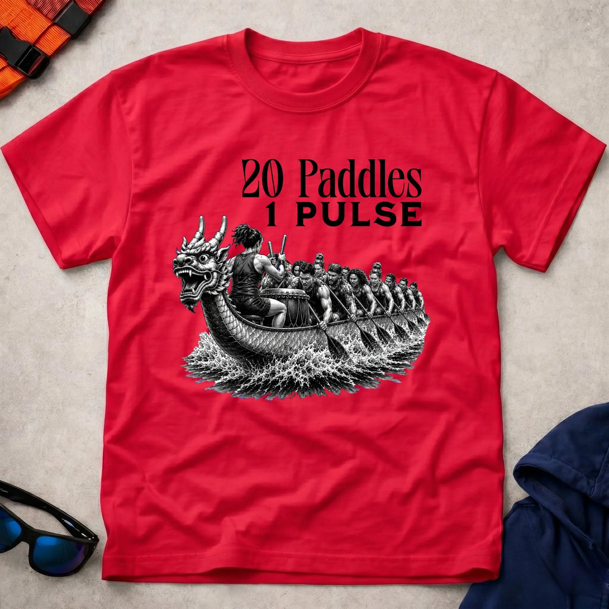 20 Paddles 1 Pulse tee in Red — dragon boat crew in full stroke — Vector Paddle