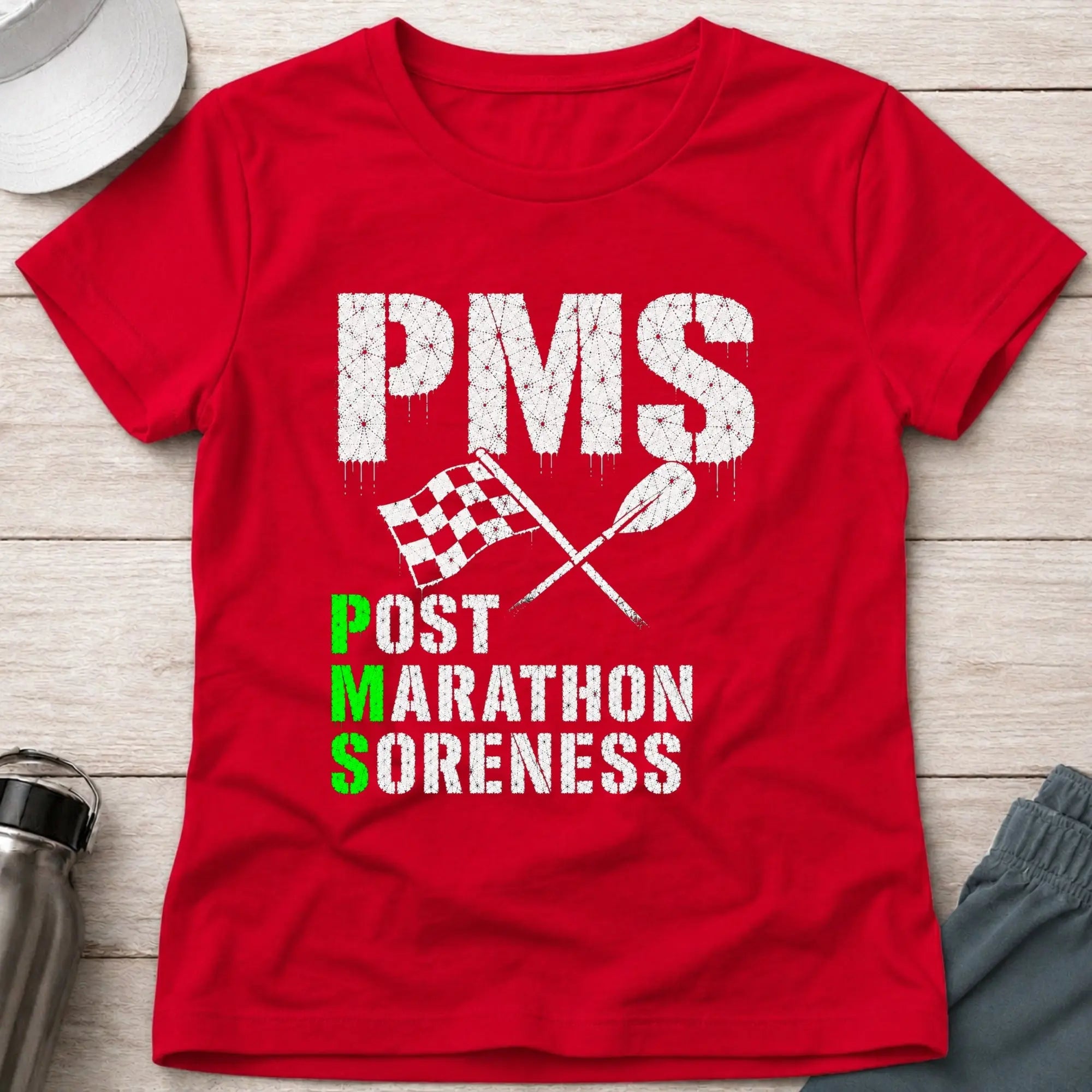 Red P.M.S. fitted tee — Post Marathon Soreness gift for women — Vector Paddle