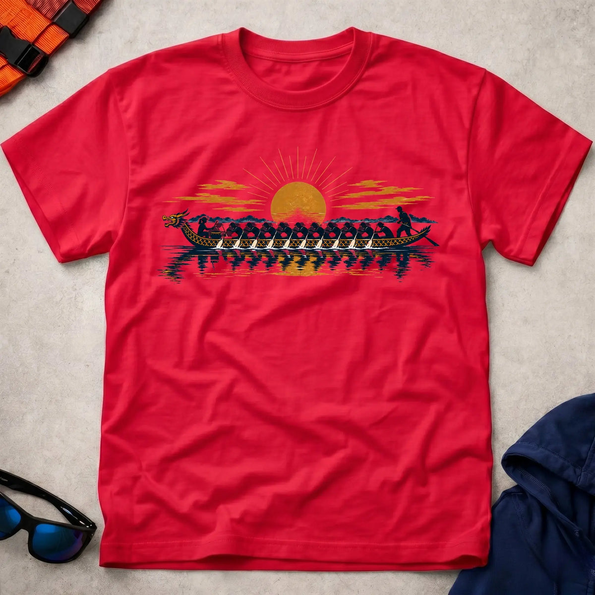 Golden Hour Dragon tee in Red — navy and gold dragon boat crew at sunset — Vector Paddle