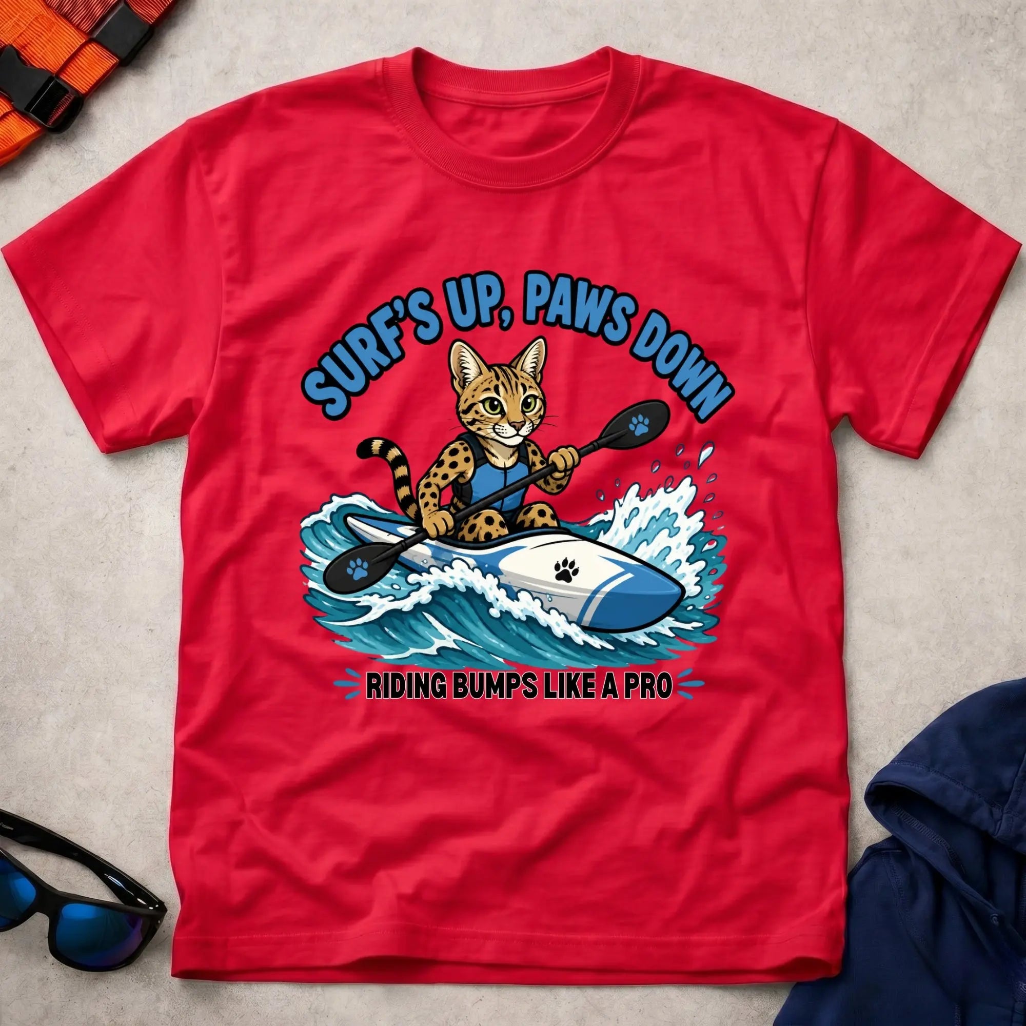 Red Surfs Up, Paws Down tee — open-water paddling gift — Vector Paddle