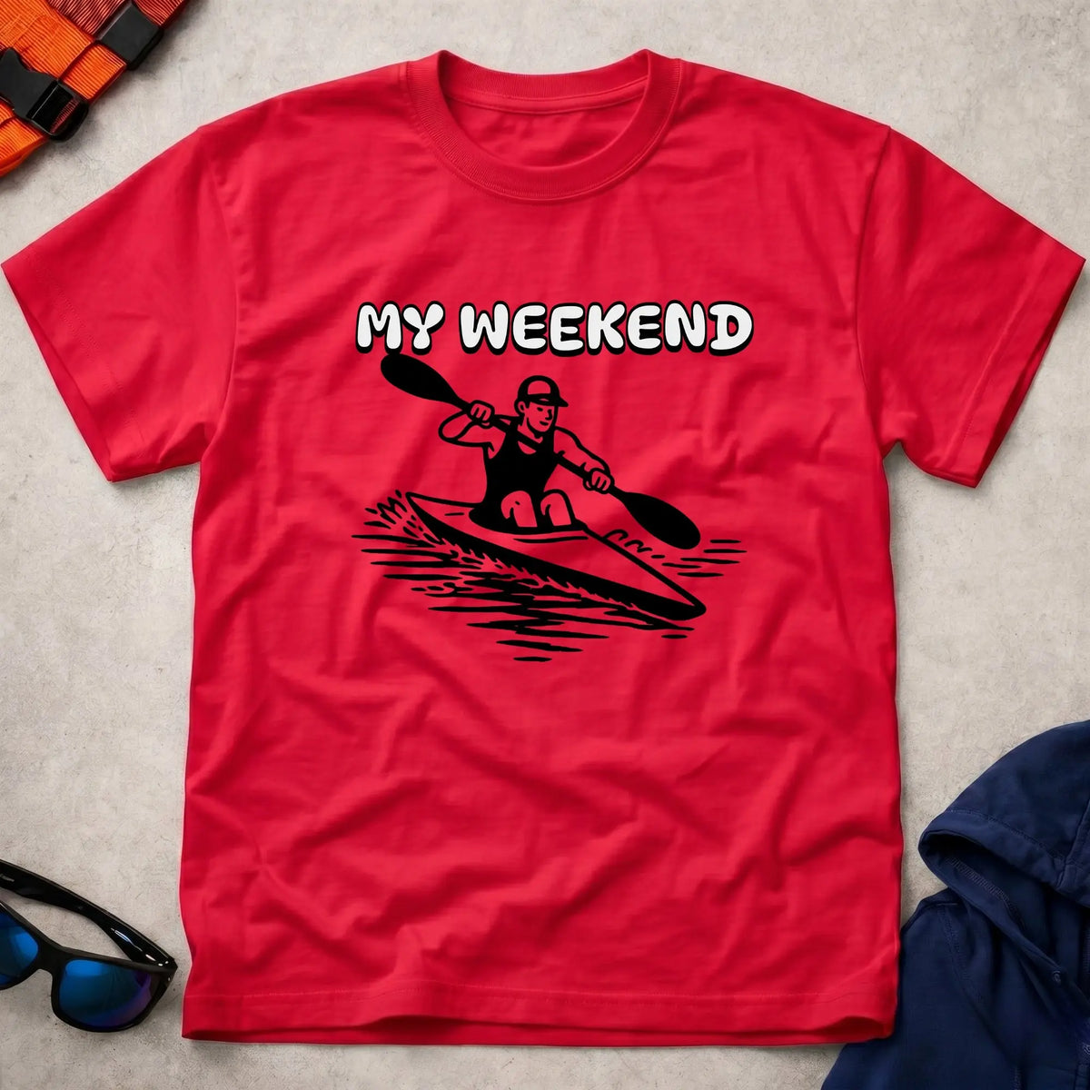 My Weekend K1 Sprint tee in Red — cartoon K1 sprint kayaker with 'My Weekend' lettering — Vector Paddle