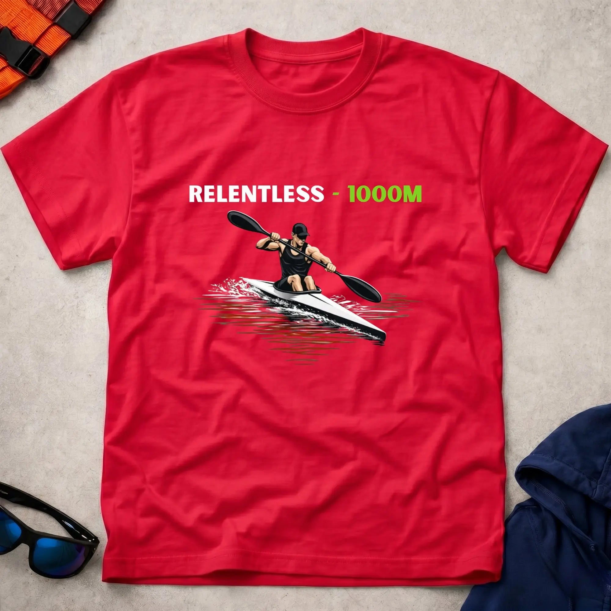 Red Relentless 1000m Apex tee for kayak sprint paddlers