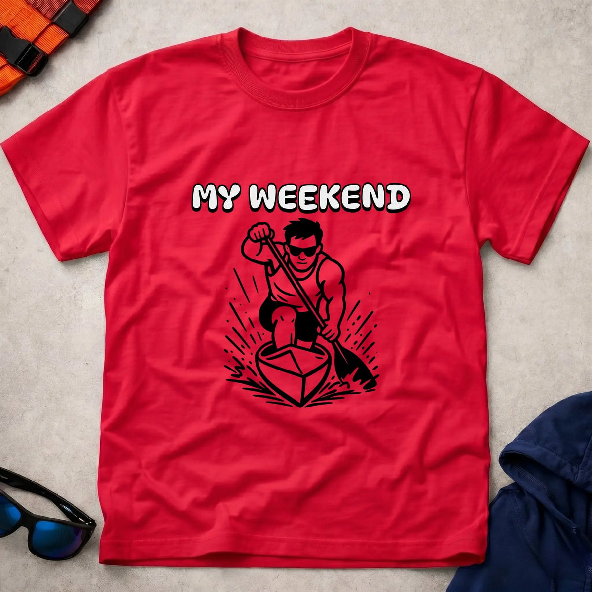 My Weekend C1 tee in Red — cartoon C1 sprint canoeist with 'My Weekend' lettering — Vector Paddle