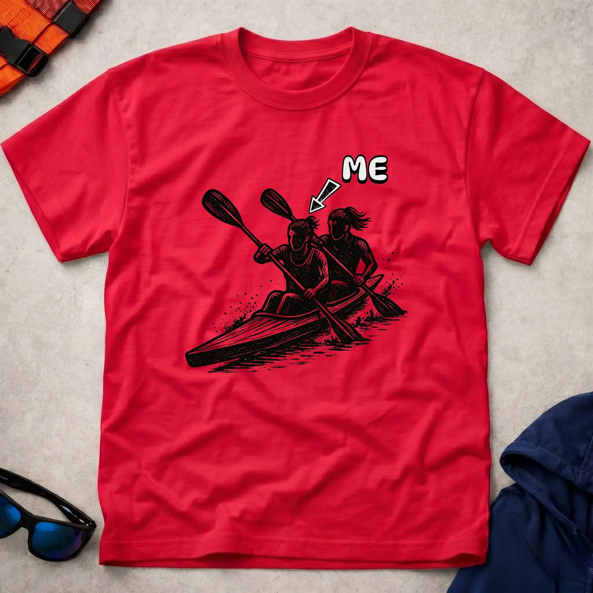 That's Me K2 Bow tee in Red — woodcut K2 kayak with 'ME' arrow on the bow paddler — Vector Paddle