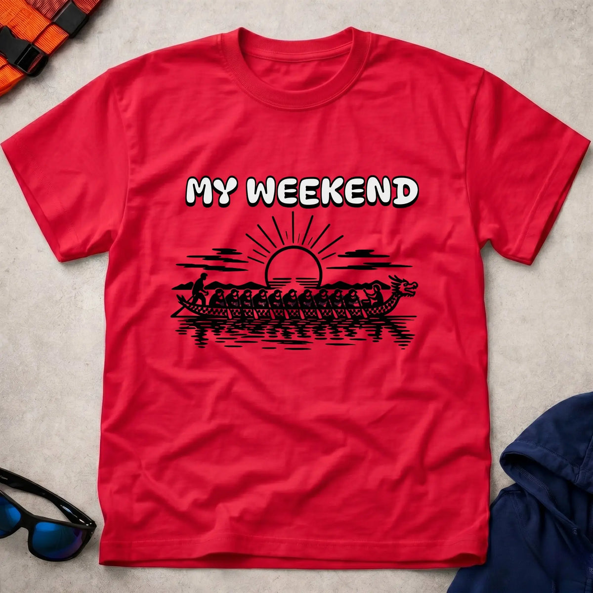 My Weekend Dragon Boat tee in Red — dragon boat crew at sunrise with 'My Weekend' lettering — Vector Paddle