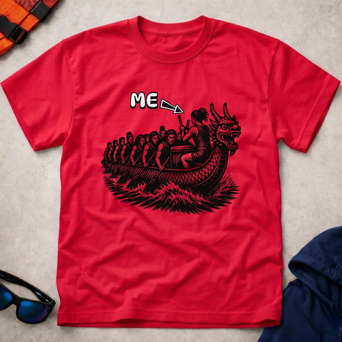 That's Me Drummer tee in Red — woodcut dragon boat with 'ME' arrow on the drummer — Vector Paddle
