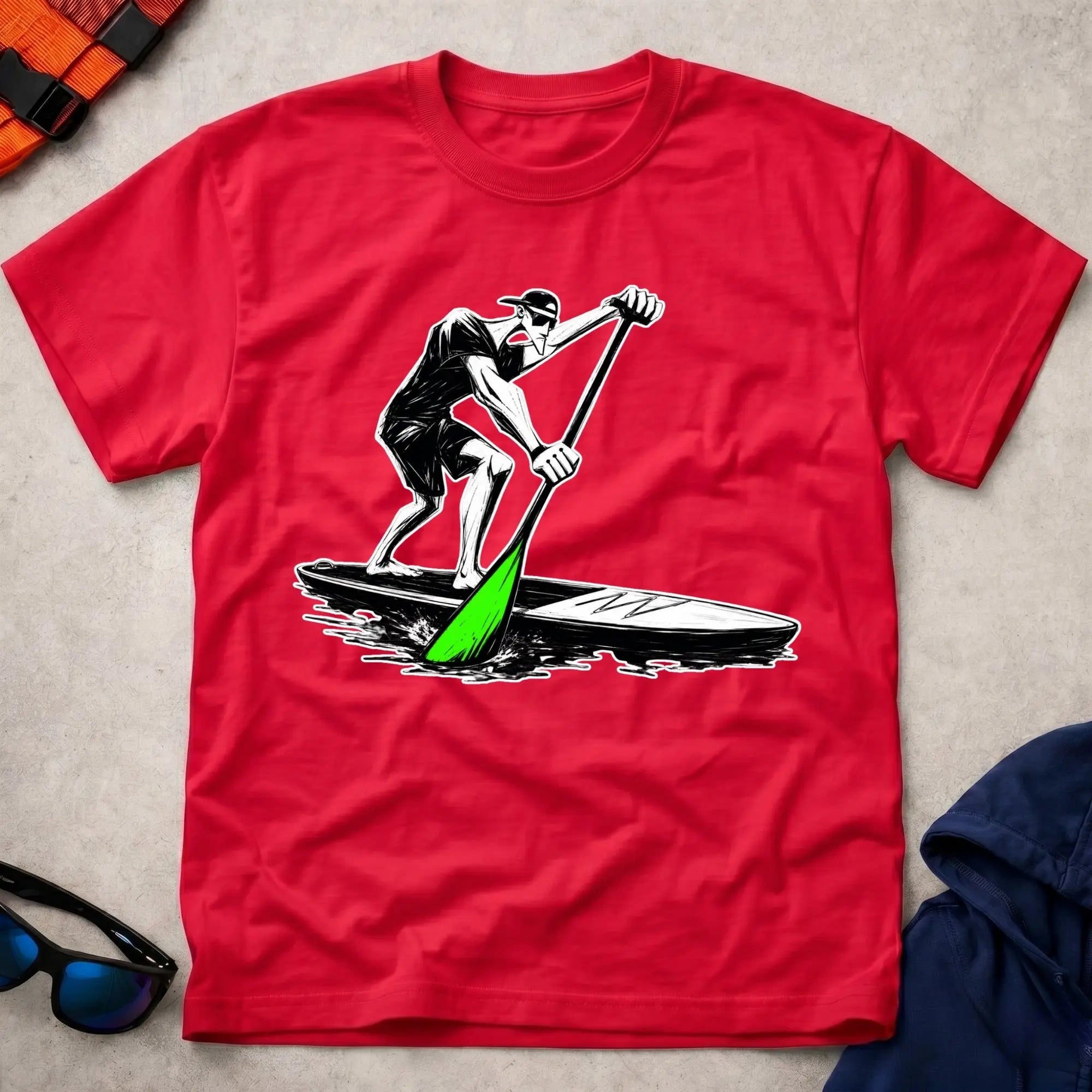 Red Paddling SUP t-shirt for stand-up paddleboarders, Vector Paddle