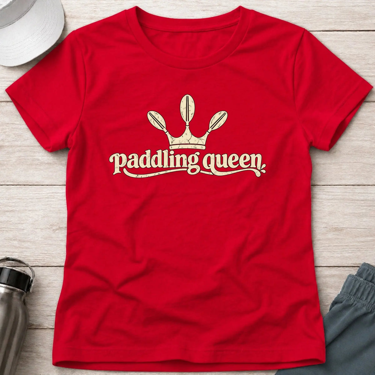 Red Paddling Queen fitted tee — confident female paddler gift — Vector Paddle
