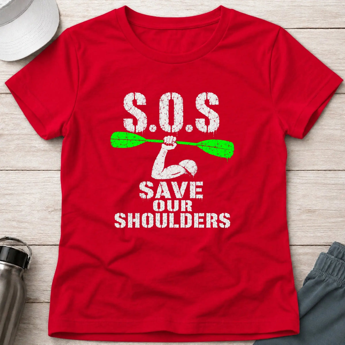 Red Save Our Shoulders fitted tee — marathon paddler gift for women — Vector Paddle